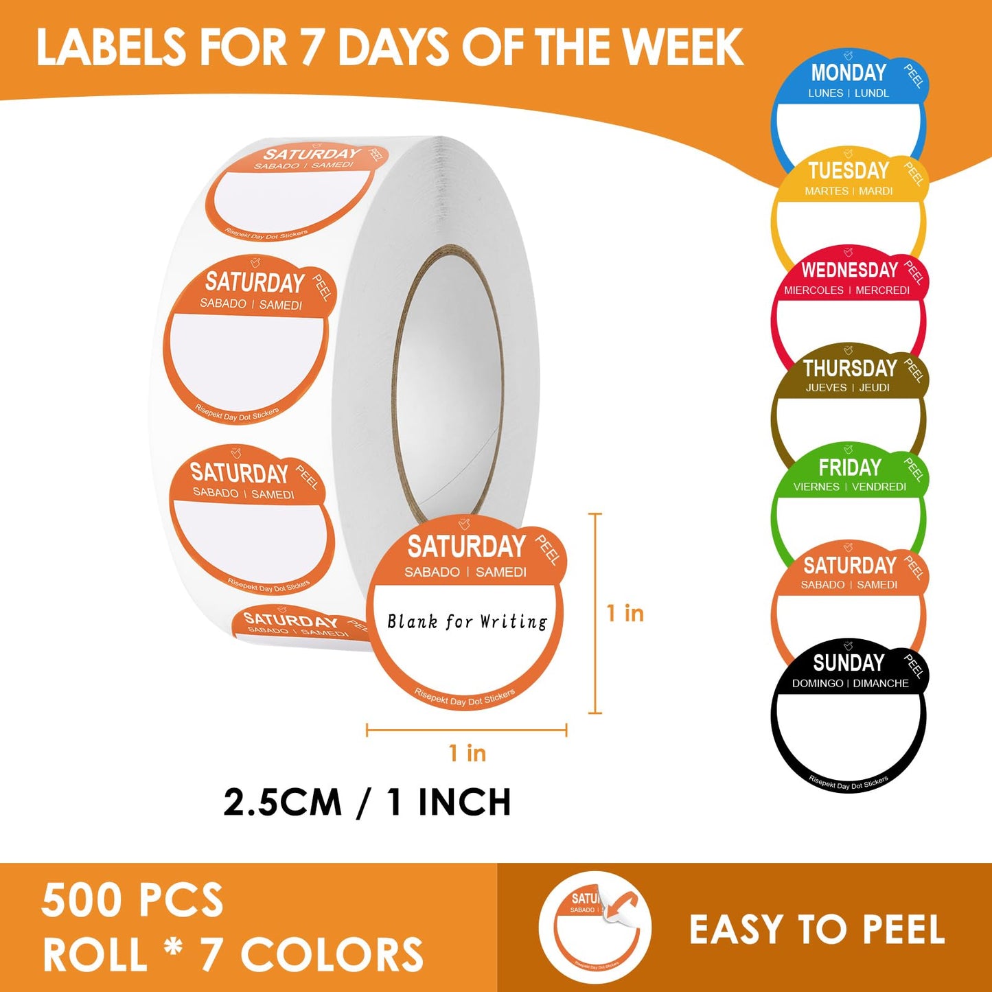 7000 Pcs 1 Inch Risepekt Removable Day of The Week Labels for Inventory Management (Monday-Sunday), Easy to Peel Day Labels for Restaurant Kitchen Containers, Self Adhesive Day Dot Stickers (7 Rolls) Risepekt Removable Day Labels
