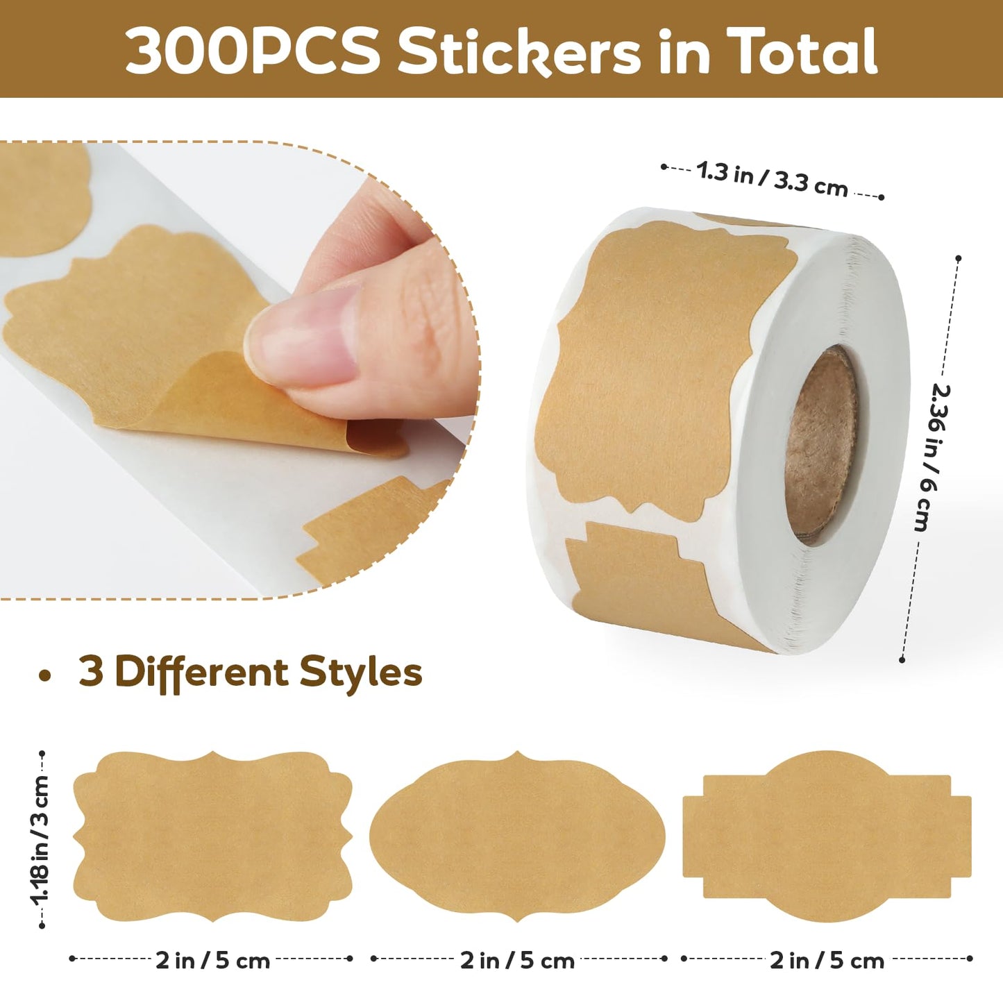 300PCS Kraft Brown Labels 2x1.2 Inch - Blank Self-Adhesive Stickers for Mason Jars, Bottles, Gift Wrapping, Food Storage & Crafts (Writable, Vintage Style, 3 Designs)