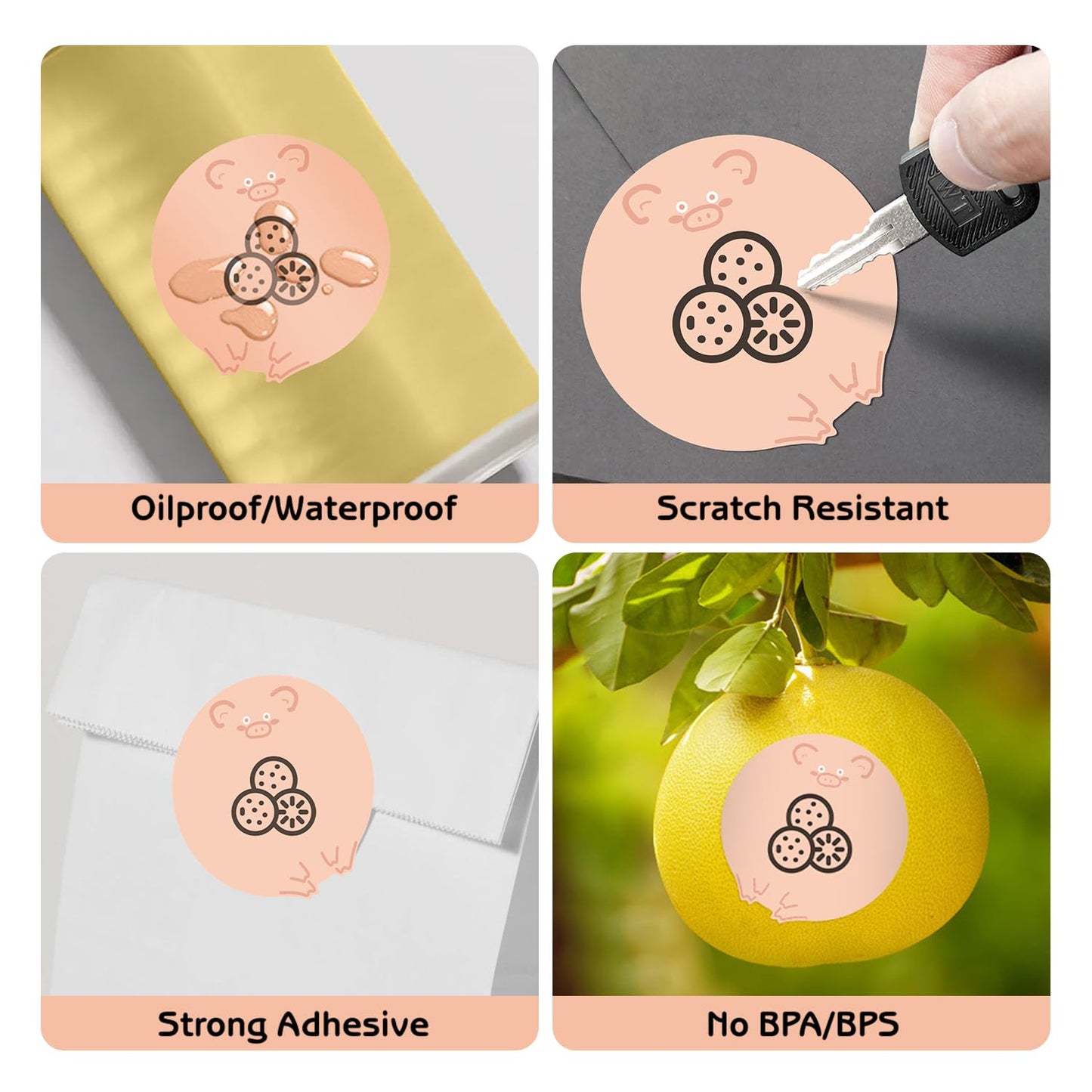 2 Inch Animals Thermal Label Stickers, Direct Thermal Stickers Labels for Gift Wrapping, Name Price Tag DIY Custom Logo, Compatible with Rollo & MUNBYN Printers, 500 Pcs/Roll, Piggy-Pink 2 inch Square