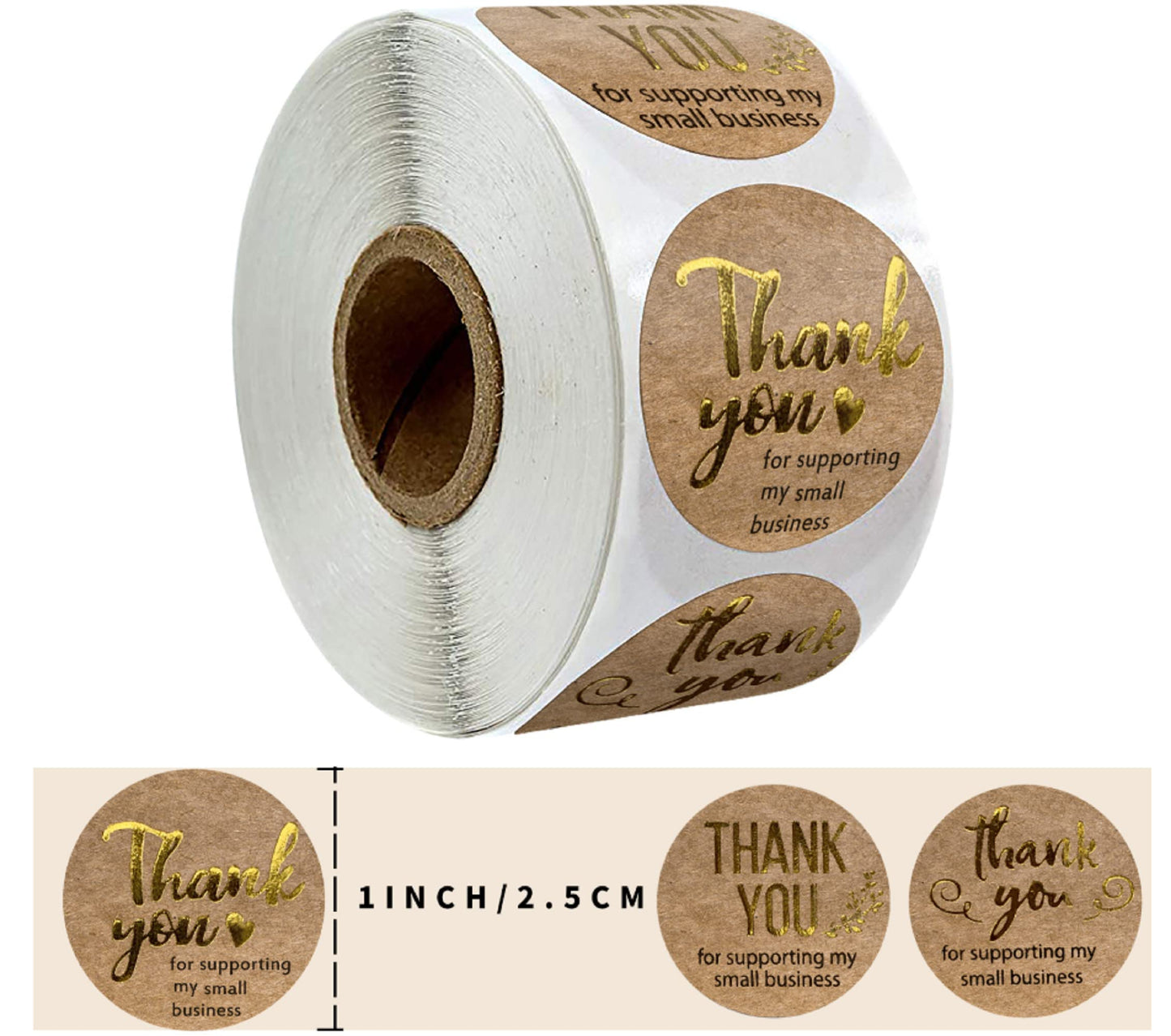 N’icePackaging – 500 Qty – 1 inch Thank You for Supporting My Small Business (Gold/Black Text) on Kraft Stickers (3 Styles) – Self-Adhesive – for Decoration/Sales/Branding/Envelopes Kraft / Gold-black