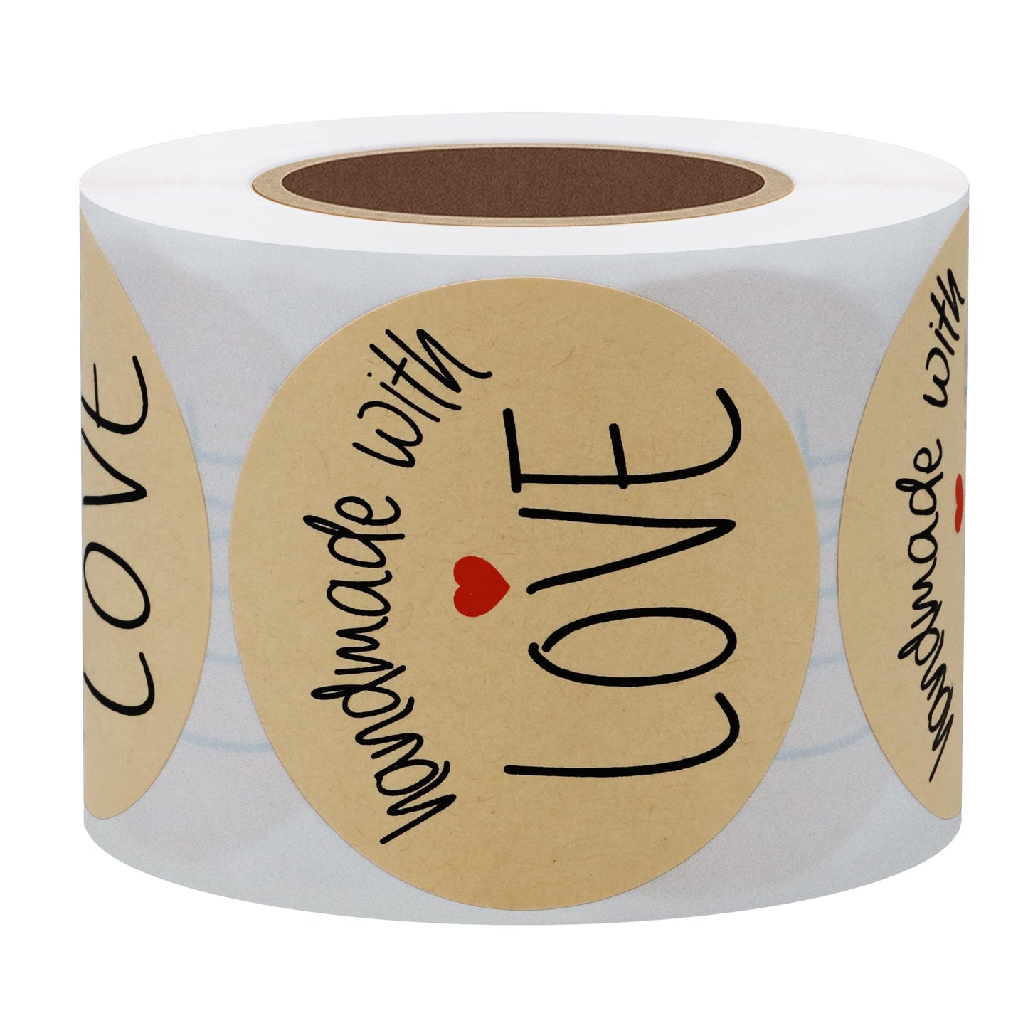 Hybsk Kraft Handmade with Love Stickers with Black Font Total 2" Round 300 Adhesive Labels Per Roll