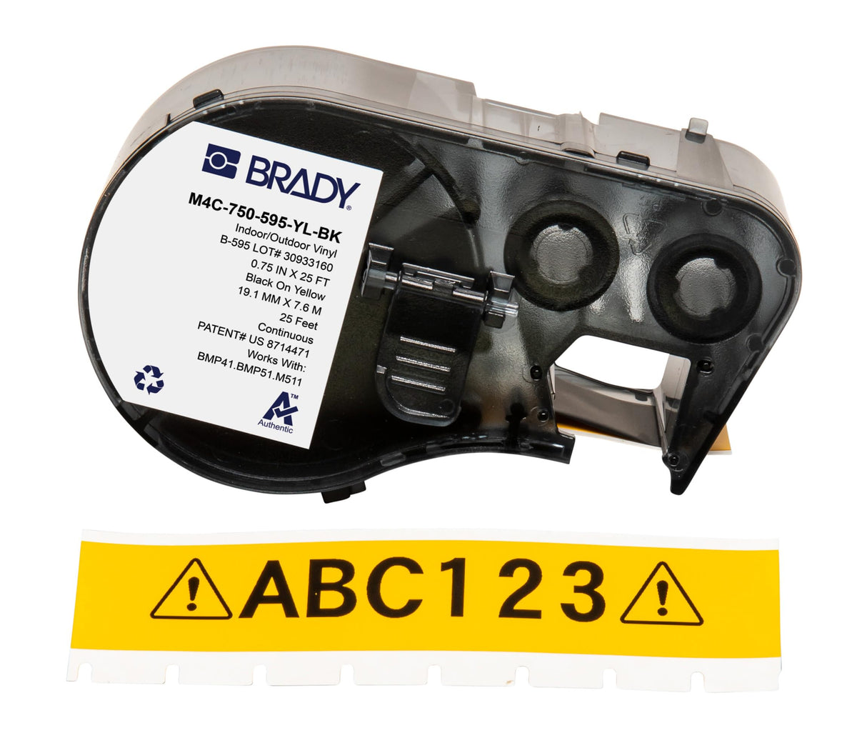 Brady Authentic (M4C-750-595-YL-BK) All-Weather Permanent Adhesive Vinyl Labels 0.75 in W x 25ft Black on Yellow. for use with BMP41, BMP51, M410, M510, and M511 Label Printers.