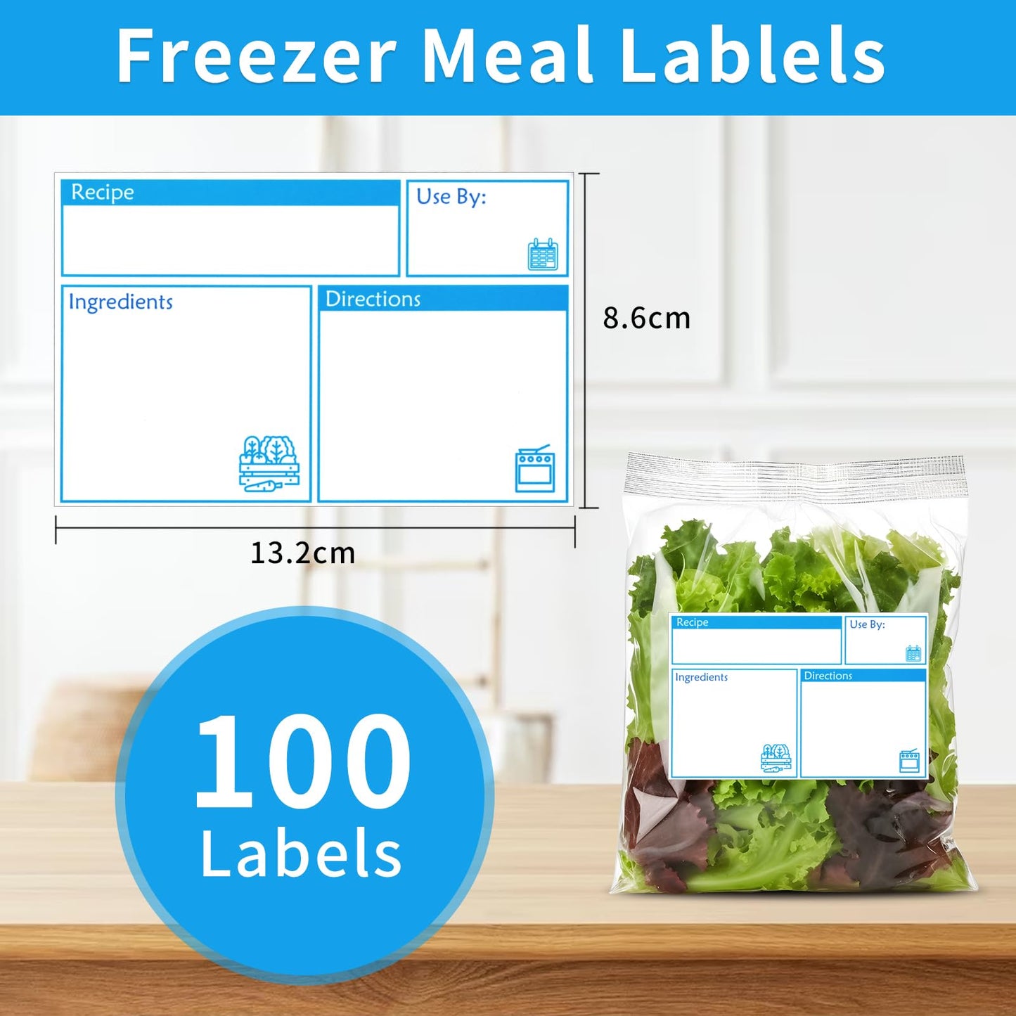100pcs Labels for Freezer Bags Freezer Meal Labels with Instructions 3.2 X 5 inch Oil and Water Resistant Labels Food Labels for Freezer Storage for Leftovers in Fridge Removable Freezer (Blue) Blue