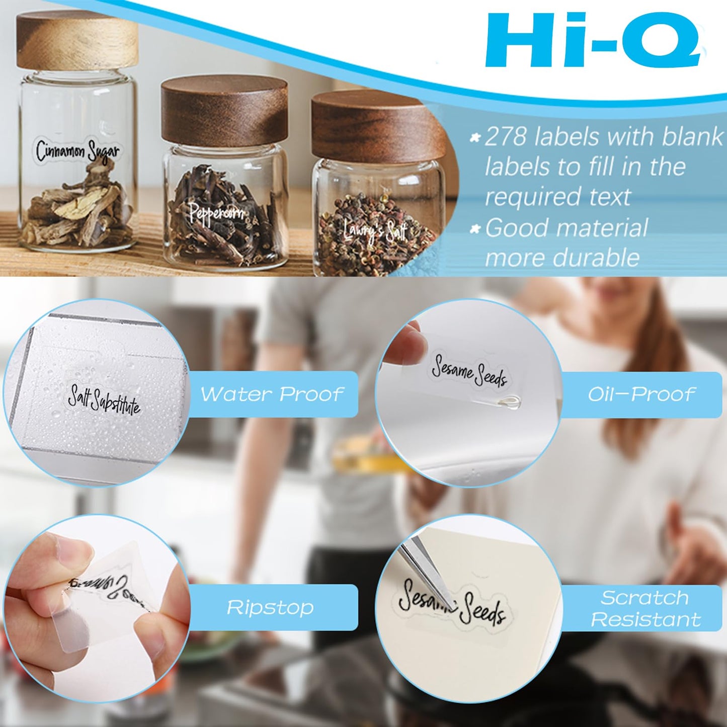 278 Pcs Clear Spice Labels Stickers Preprinted Waterproof,Small-Stickable -Removable,139 Black+139 White Handwriting Letters, Work on Salt Pepper Seasoning Jars