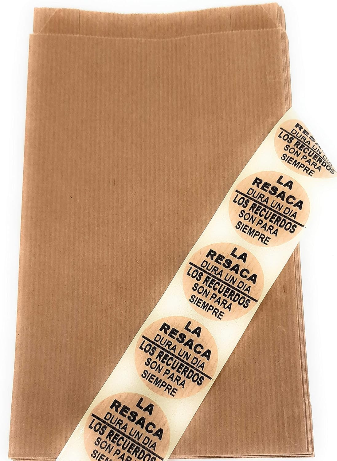 100 Kraft Sticker Labels Hangover Lasts a Day Memories are Forever, for Your Celebration, Spanish Stickers