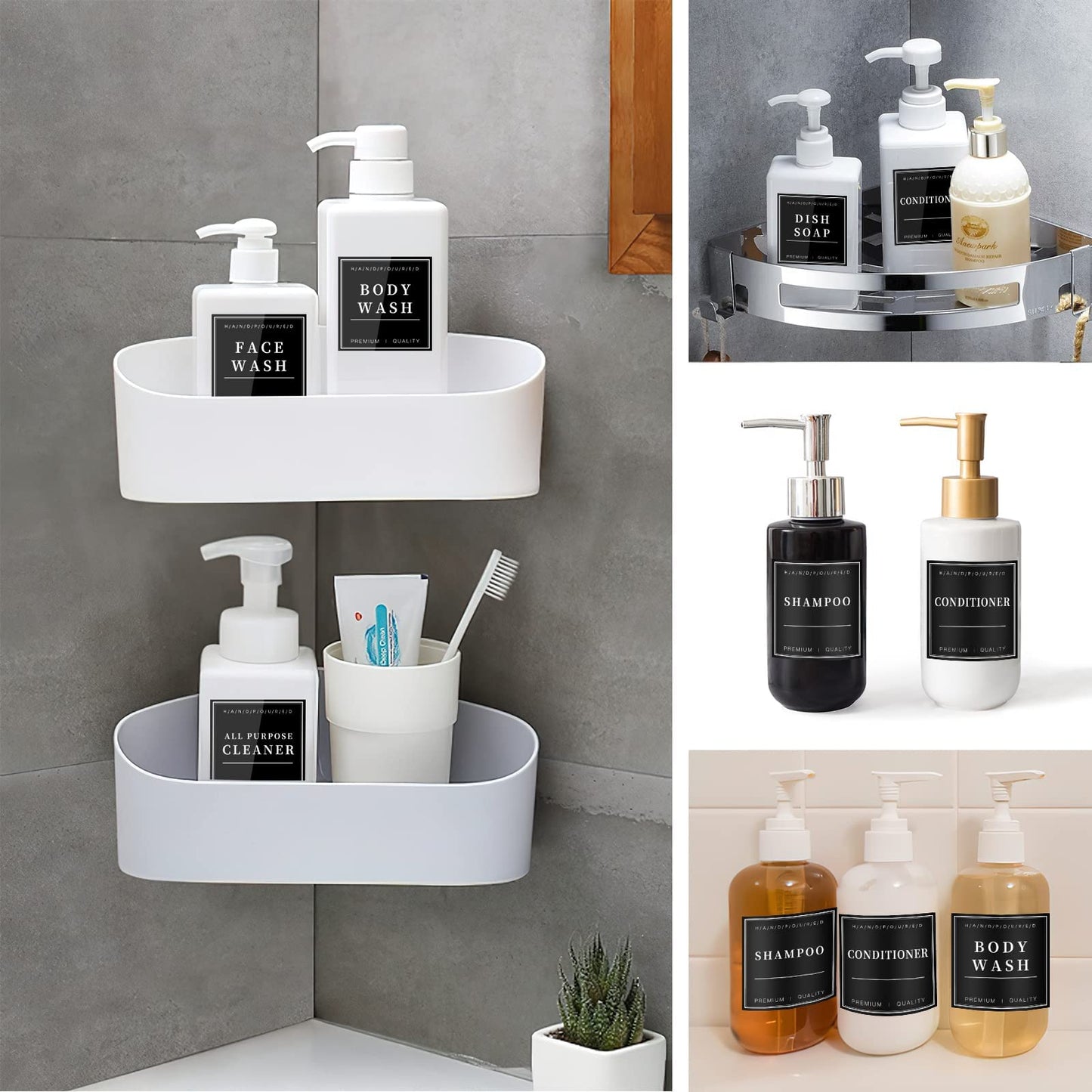 24 PCS Black Waterproof Labels for Bottles, Shampoo and Conditioner Dispenser Label Stickers, Bathroom Hand Soap Label Stickers,Removable Cleaning Labels for Glass/Plastic Spray Bottle