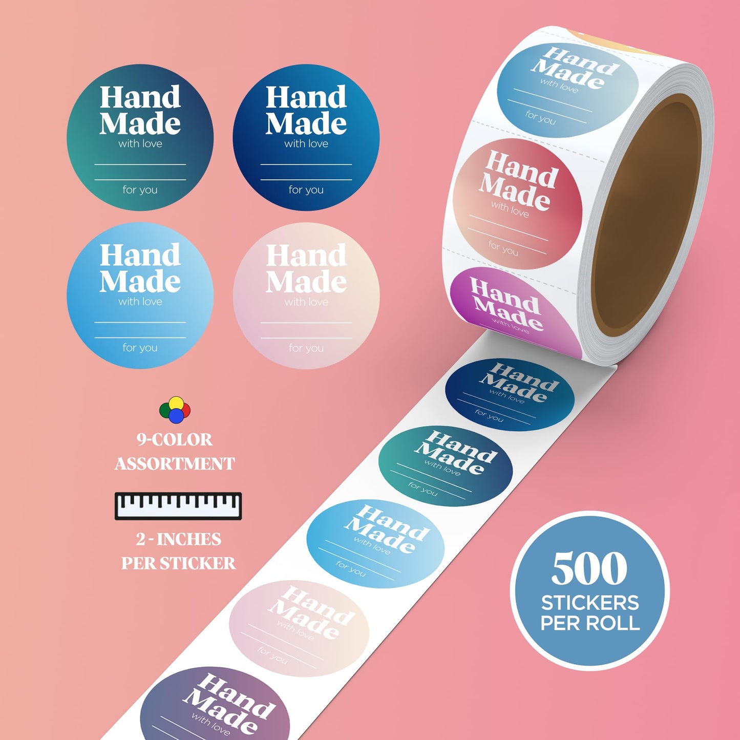 Mobiusea Creation Handmade with Love Labels Roll | Colorful Gradient Design | 2 inch Round Cut | 500 Labels for Homemade Goods, Handmade Stickers, Soap Candle Canning Supplies