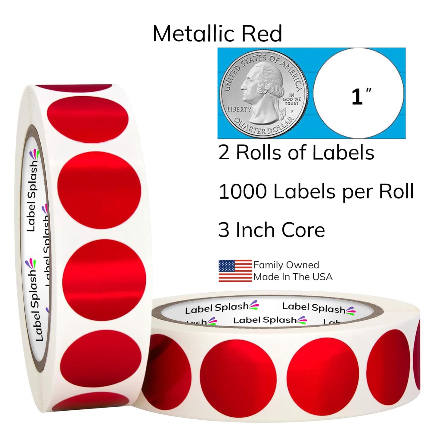 LABELSPLASH 1 Inch Metallic Red Round Color Coding Permanent Adhesive Labels 1000 Stickers per Roll Made in The USA 1” Circle Stickers (2 Roll Pack) Metallic Red (2rolls)