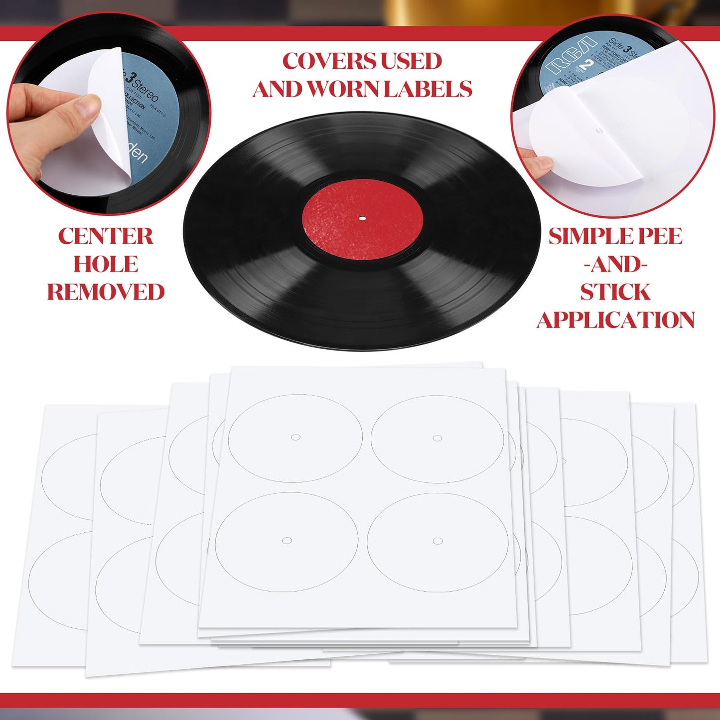 20 Sheets Vinyl Record Center Label with Hole for 12 Inch Long Playing Record 4 Inch Round Labels White Circle Stickers for Worn Damaged Replacement, 4 pcs Each, 80 Total