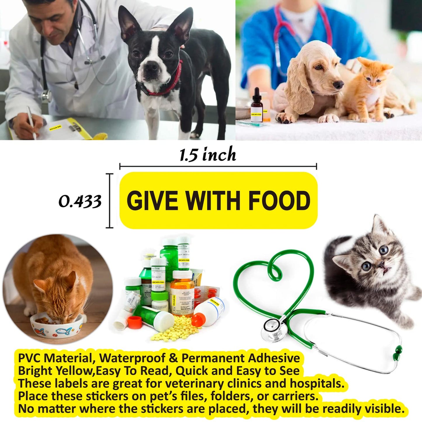 Give with Food-Veterinary Labels/Stickers, 1.5 x 0.43 inch Medication Instruction Labels for Medical Containers Pharmacies Hospitals for Drugstor Management, 500 Labels per roll (Yellow) Yellow