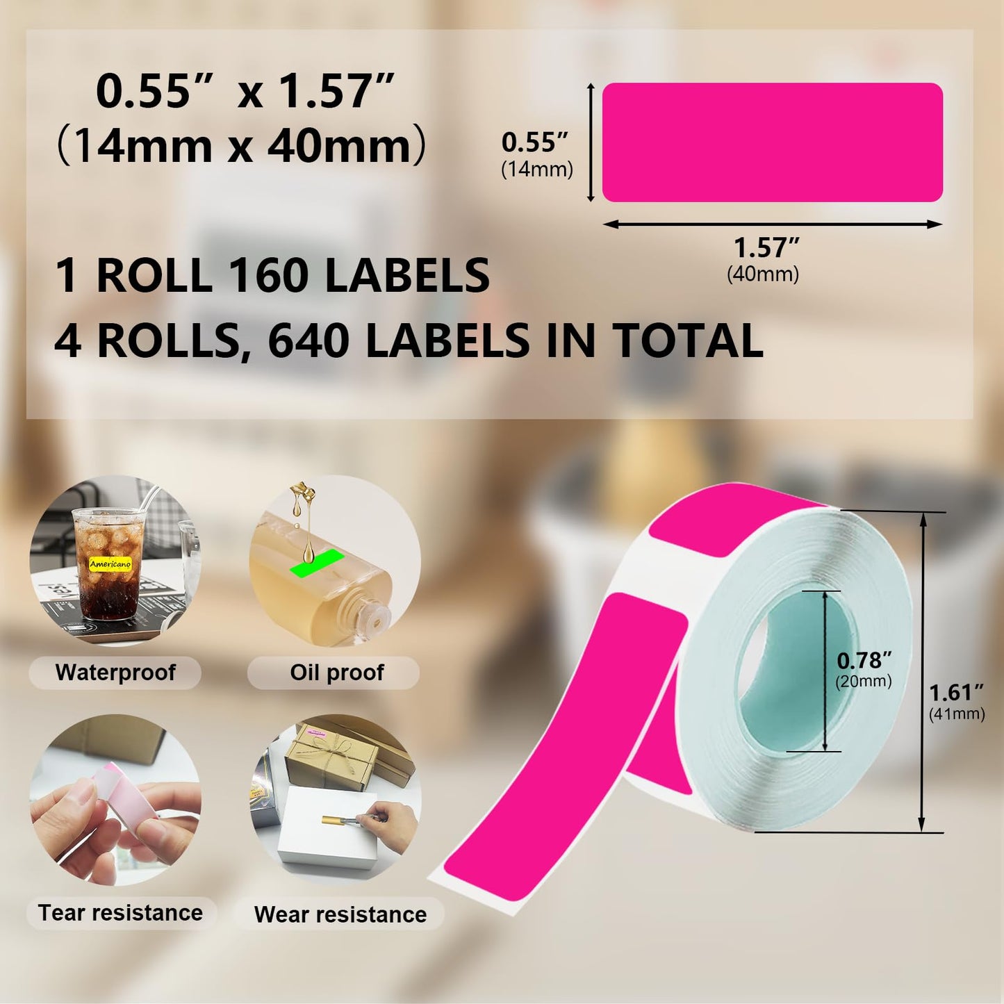 Thermal Label Tape 0.55"x1.57"(14x40mm) 4 Rolls,640 Pcs,Waterpoor,Strong Adhesive Thermal Labels,Compatible with D30 Portable Thermal Printer,for Home,Office,Storage,Fluorescent Pink. Fluorescent Pink
