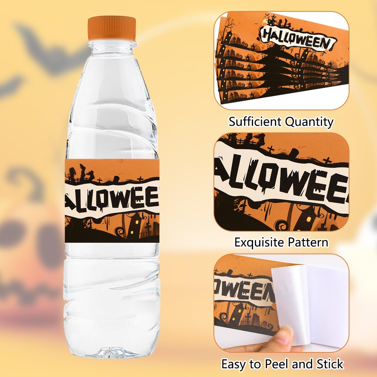50 Pcs Halloween Water Bottle Labels,Retro Style Pumpkin Colour Stickers Drinks Wrappers for Halloween Party Favors Decor Supplies Yellow