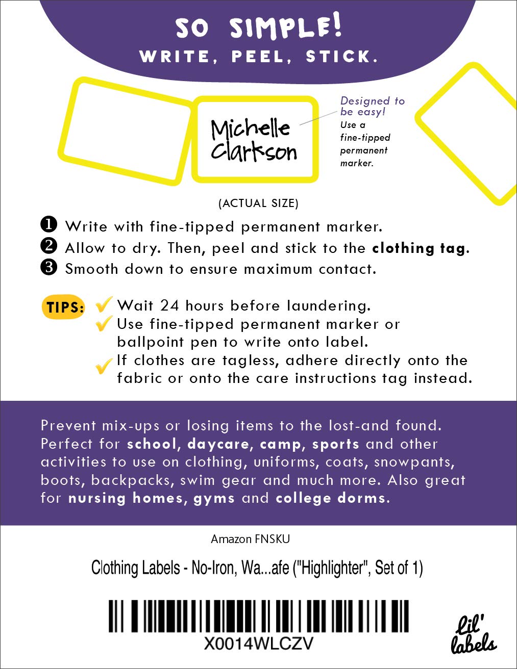 Clothing Labels, Name Labels, Washer and Dryer Safe, No-Iron, Labels for Daycare, Washable, Write-On, Made in The USA, Highlighter" Design, Set of 1 "Highlighter", Set of 1