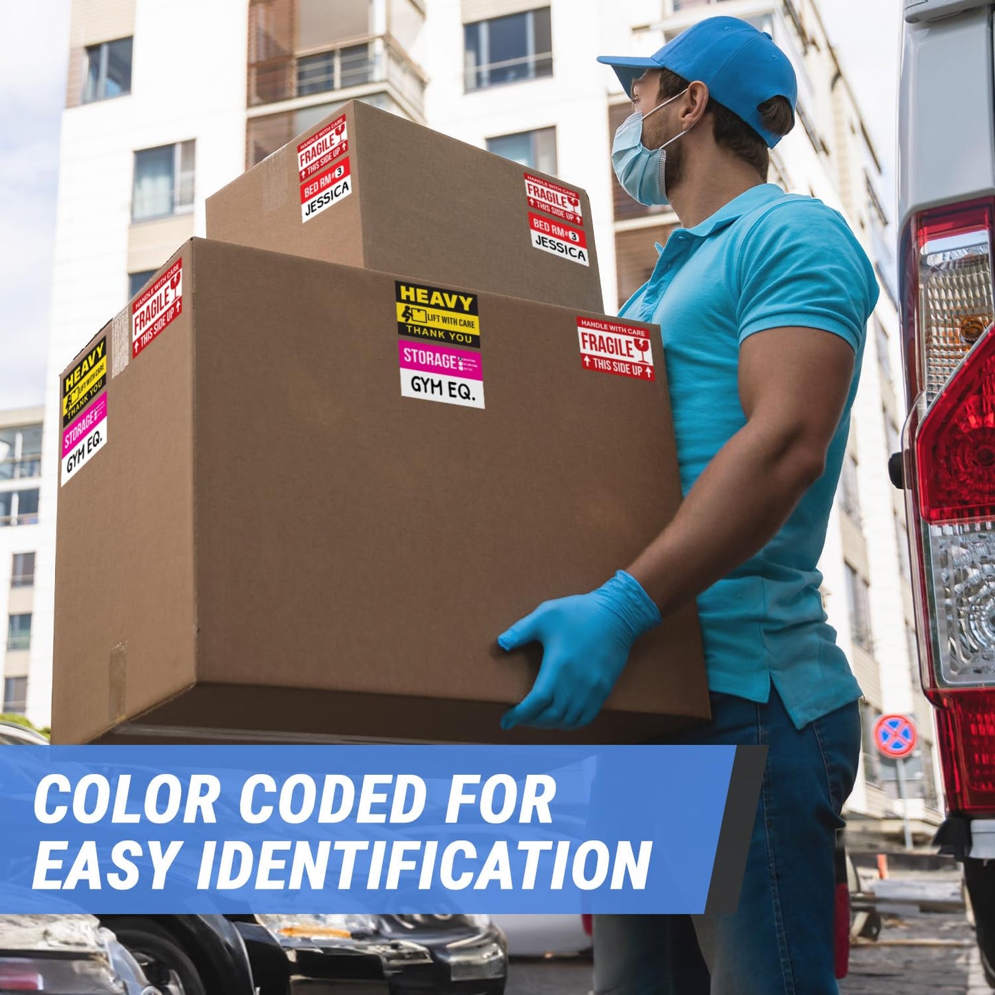 300 PCS Home Moving Labels - Ideal for 1-2 Bedroom Apartments or Condos - 3" x 2" 10 Designs of Color-Coded Moving Stickers w/Write-in Area, Fragile & Heavy Label 300 Labels