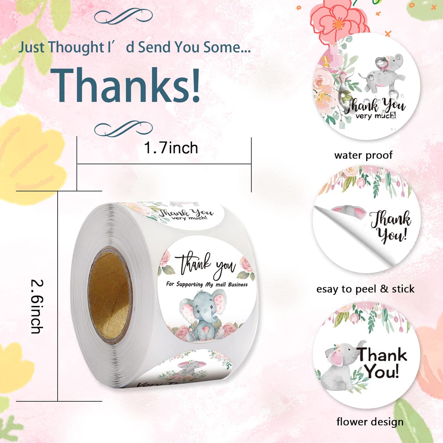 500Pcs Thank You Label Stickers Roll Cute Elephant Envelope Seals Stickers Adhesive 1inch Thank You Very Much for Help Support Round Labels Wrapping Paper for Gift Card Cookie Candy Bag Decor 8 Design G