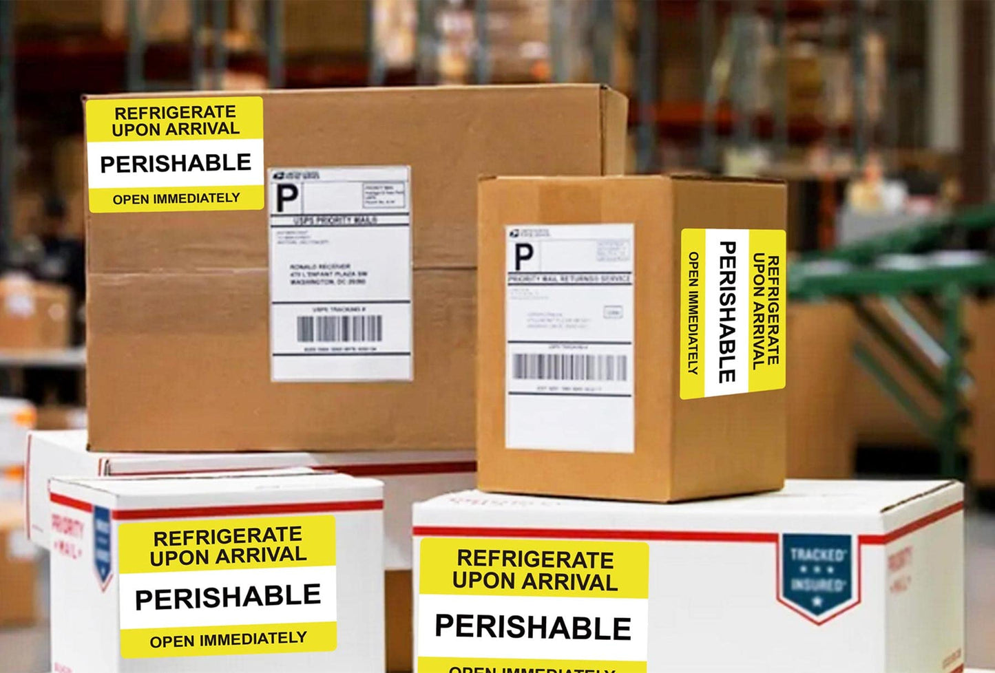 Yellow Self Adhesive Warning Shipping Mailing Labels/Stickers - "PERISHABLE REFRIGERATE Upon Arrival Open Immediately" for Shipping and Packing, 3" Length x 2" Width, Black on Green 250pcs Yellow 2 x 3 inch