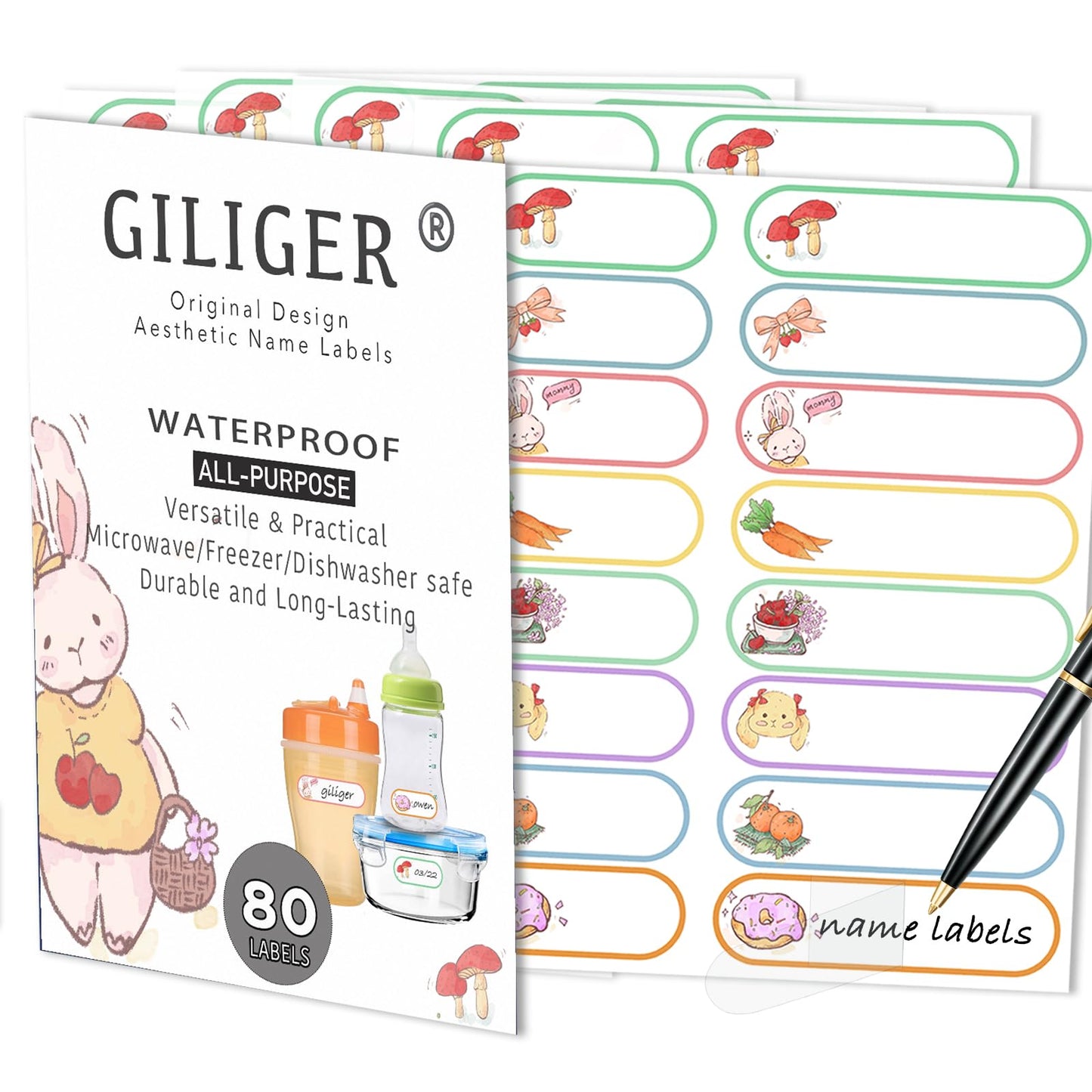 80pcs Waterproof Name Labels for Baby Bottles Daycare Containers, Self-Laminating Write-on All-Purpose Labels Personalizable, Dishwasher, Freezer & Microwave Safe, Original Design Bunny Name Labels 80 pcs bunny theme name labels
