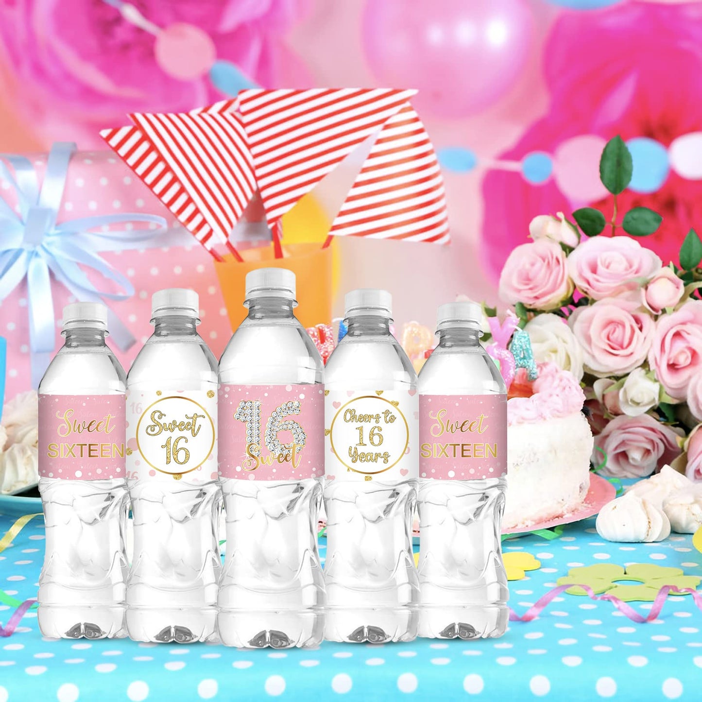 Sweet Sixteen Water Bottle Labels, Cheers to 16 Years Stickers, for Girl Happy 16th Birthday Labels Sign Pink and White - 30 Pcs