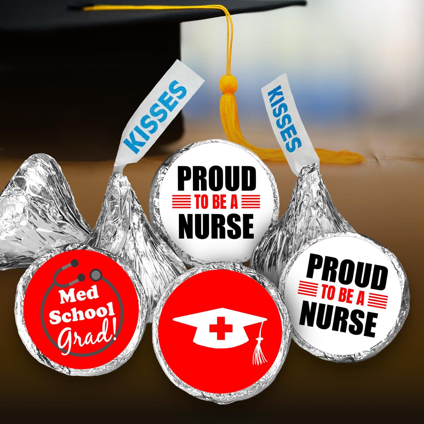 216 Nurse Graduation Party Kisses Stickers Labels, RN LPN LVN NP Nursing Medical School Grad Party Decorations. Candy NOT Included. Made in USA