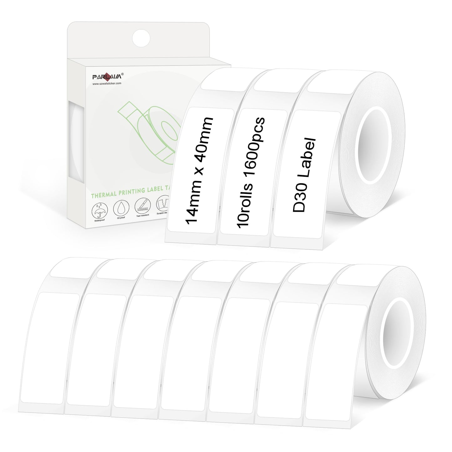 PARLAIM 10 Rolls D30 Label Tape, Pre-Cut Self-Adhesive Label Tapes, 0.55 x 1.57 Inch (14 X 40mm) Square Thermal Label Sticker for Portable Printer, 1600pcs White Labels 10 Roll-1600PCS