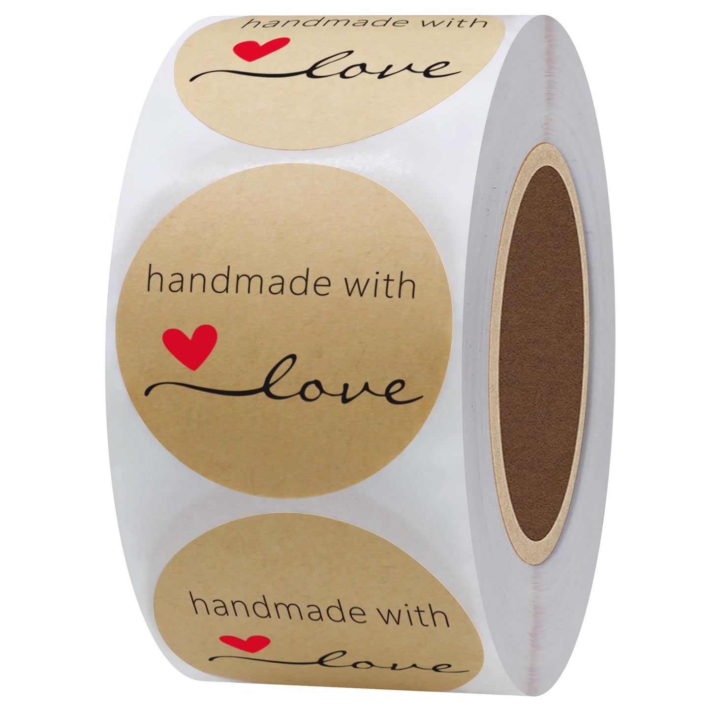 Hybsk Kraft Handmade with Love Stickers 1.5" Inch Round Total 500 Adhesive Labels Per Roll (Kraft)