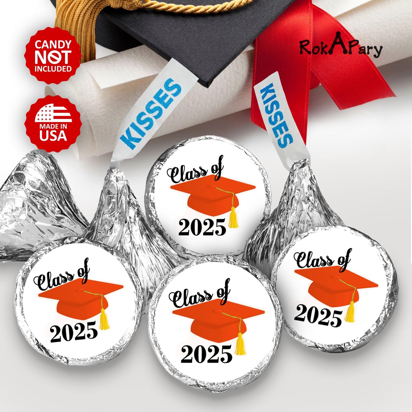 216 Graduation Party Cap Class of 2025 Kisses Stickers Labels, Grad Party Favor Decorations. Made in USA (Orange)