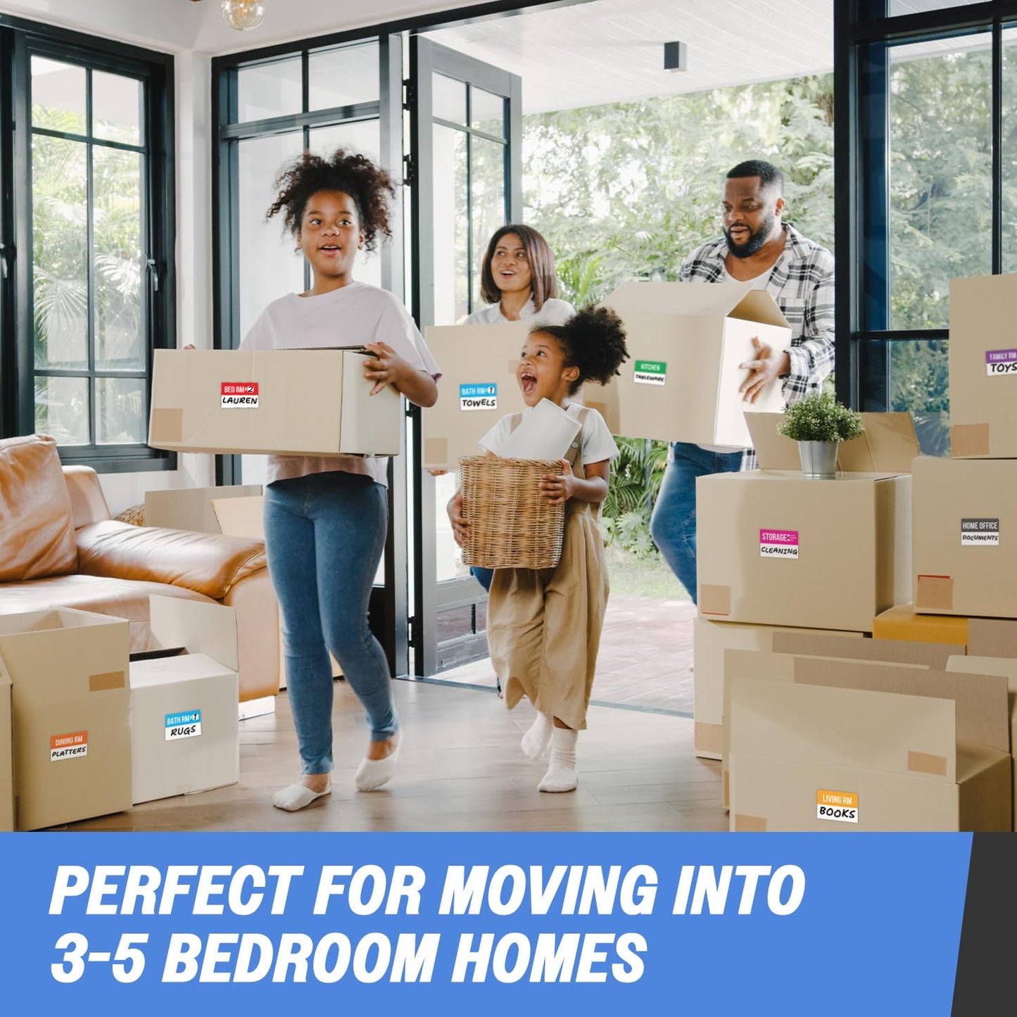Moving Labels (3 x 2 inch, 1000 per Pack) Ideal for 3-5 Bedroom Homes - 12x Designs of Color-Coded Moving Stickers w/Write-in Area, Fragile, Heavy & Blank Labels 1000 Labels (For 3 - 5 Bedroom)