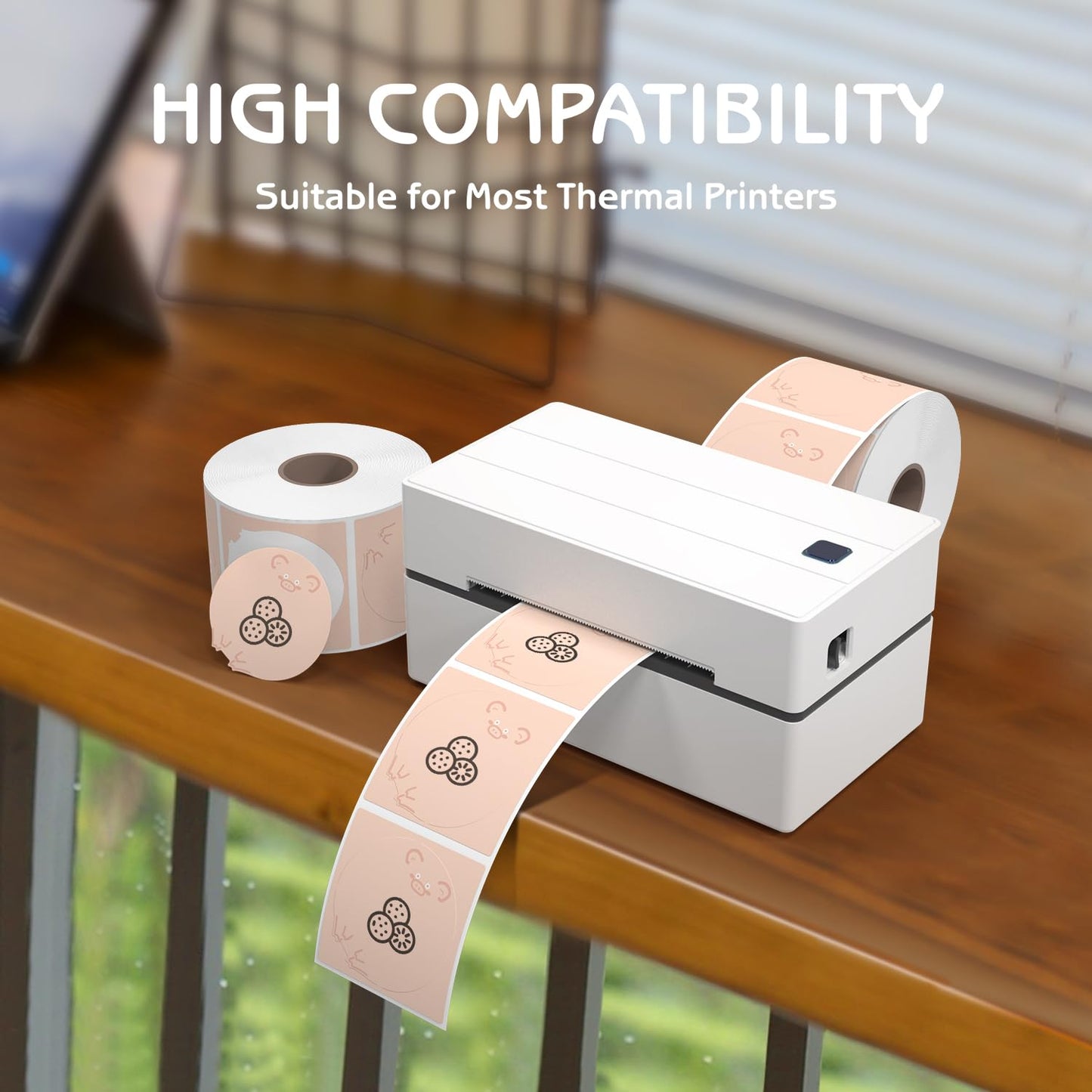 2 Inch Animals Thermal Label Stickers, Direct Thermal Stickers Labels for Gift Wrapping, Name Price Tag DIY Custom Logo, Compatible with Rollo & MUNBYN Printers, 500 Pcs/Roll, Piggy-Pink 2 inch Square