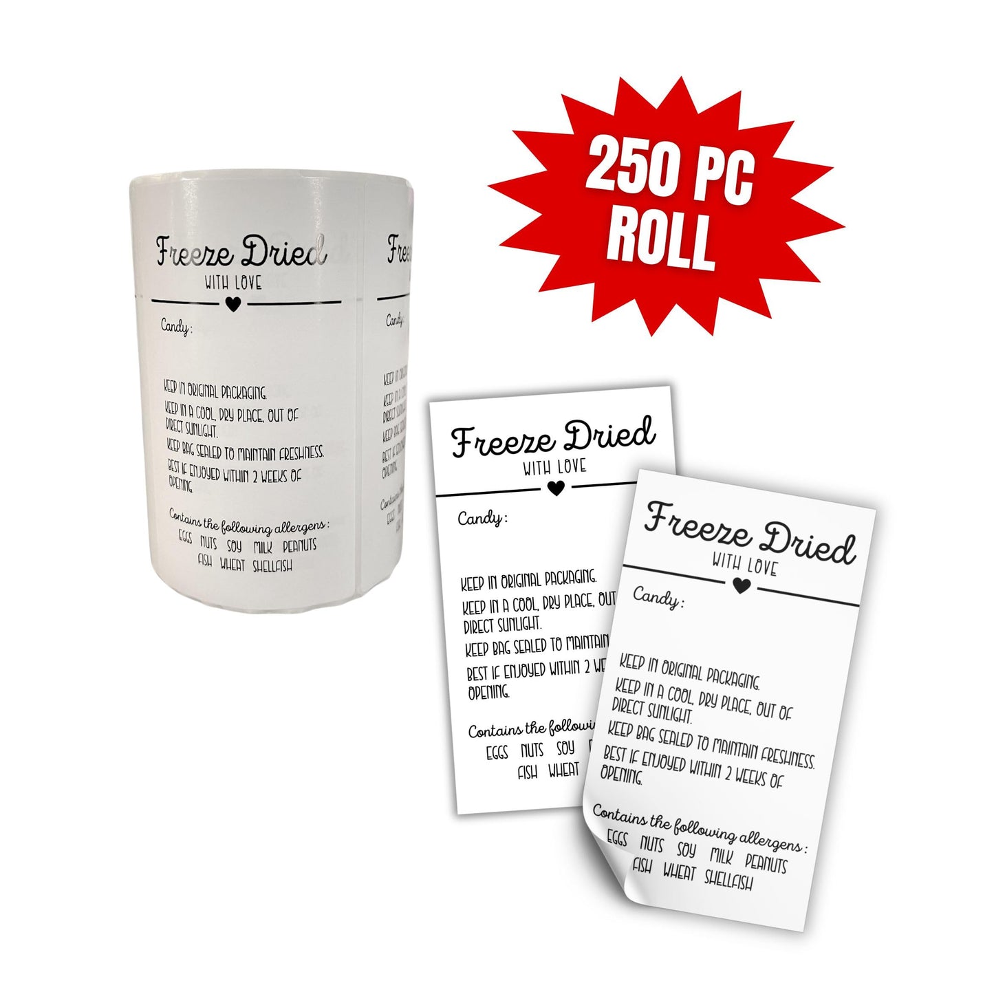 Freeze Dried Candy Labels Stickers for Bags Write in Candy | 250 pc Roll 2x3.5” Size Holographic Bags Ingredient Label Dehydrated Allergy Warning