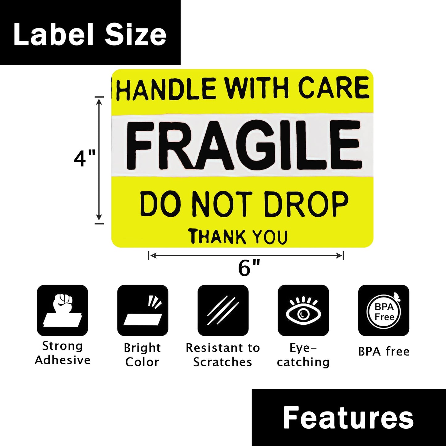 Yellow 4 x 6 Inch – 100 Do Not Drop – Fragile Stickers Roll, Easy Tear, Permanent Adhesive Warning Labels for Shipping Box, Carton, Parcel, Package, Pallet & More 4" x 6" - 100 Labels Yellow