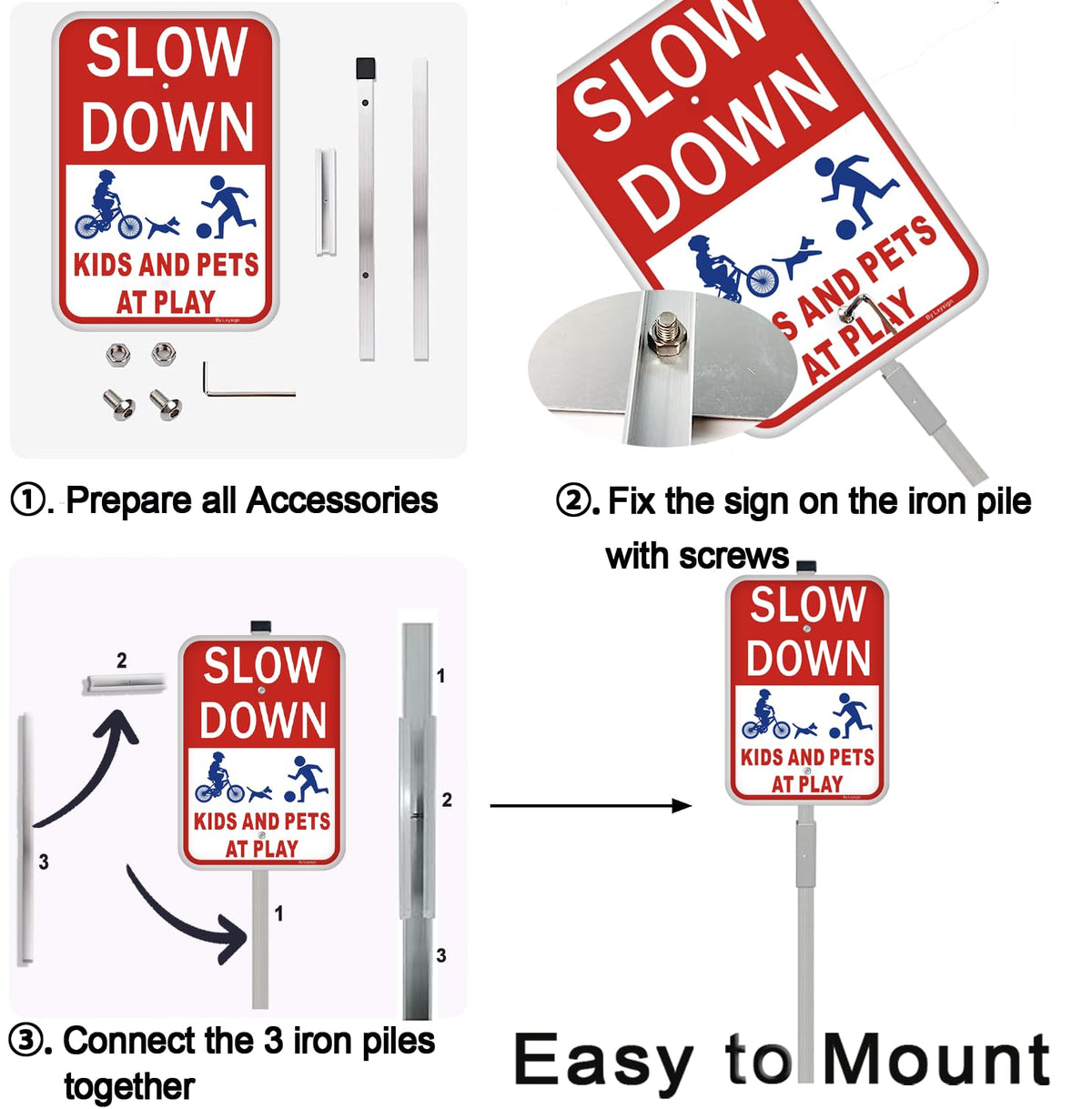 (2Pack) Slow Down Signs,Kids Playing Sign with Stake for Street - Children at Play Safety Signs with 36 Inches Metal Stakes & 14"×10" Reflective Aluminum Sign, Fade Resistant, water proof/weather proof, Easy to Install Style2-2pack with Stake