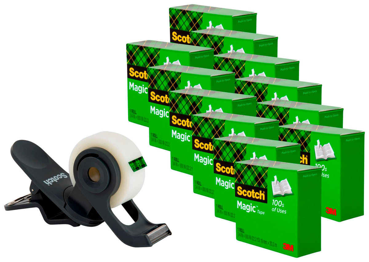 Scotch Clip Dispenser Value Pack with 12 Rolls of Tape, 1" Core, Plastic, Charcoal
