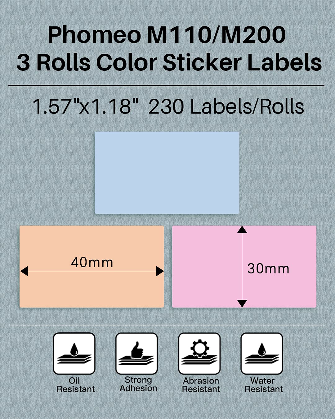 Phomemo M110/M110S/M120/M200/M220 Sticker Labels- 1.57"x1.18"(40x30mm) Black on Pink, Khaki and Blue Label for Small Business, Home, Office, 230 Labels/Roll 1.57"x1.18"