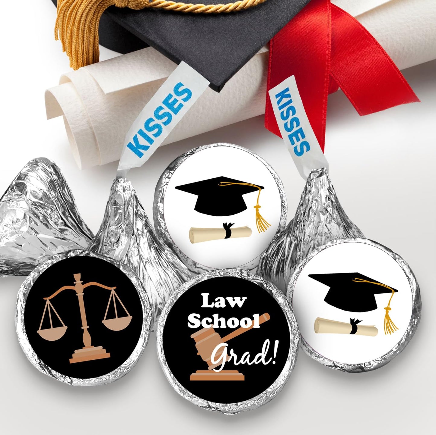 216 Law School Graduation Party Kisses Stickers Labels, Lawyer School Grad Party Decorations. Candy NOT Included. Made in USA