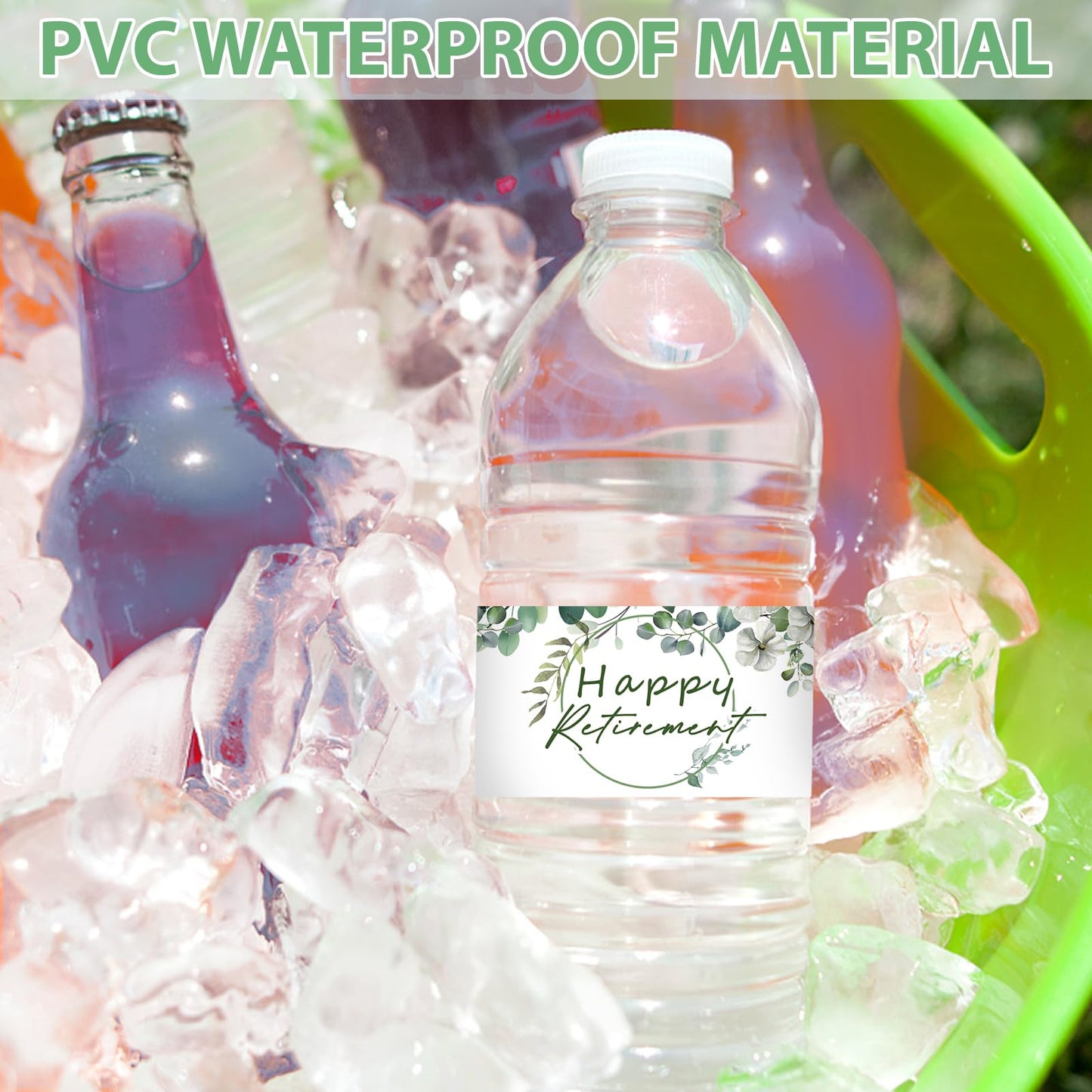 Water Bottle Labels, Green Leaf Happy Retirement Waterproof Bottle Wraps Sticker Officially Retired Bottle Wrappers Party Water Labels 1.37x8.18in 3.50 Centimeters