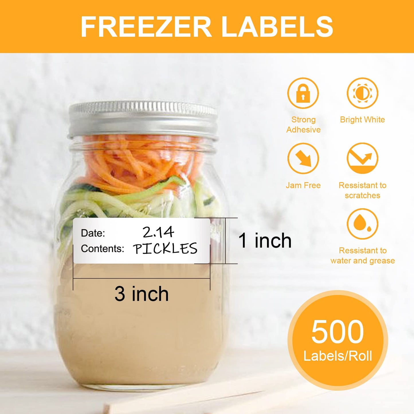 500pcs Food Labels,1 x 3 Inch Freezer Labels Removable for Food Containers, Mason Jar, Water/Oil/Tear Resistant,No Residue Food Storage Labels Perfect for Kitchen Frz-bk-500-1