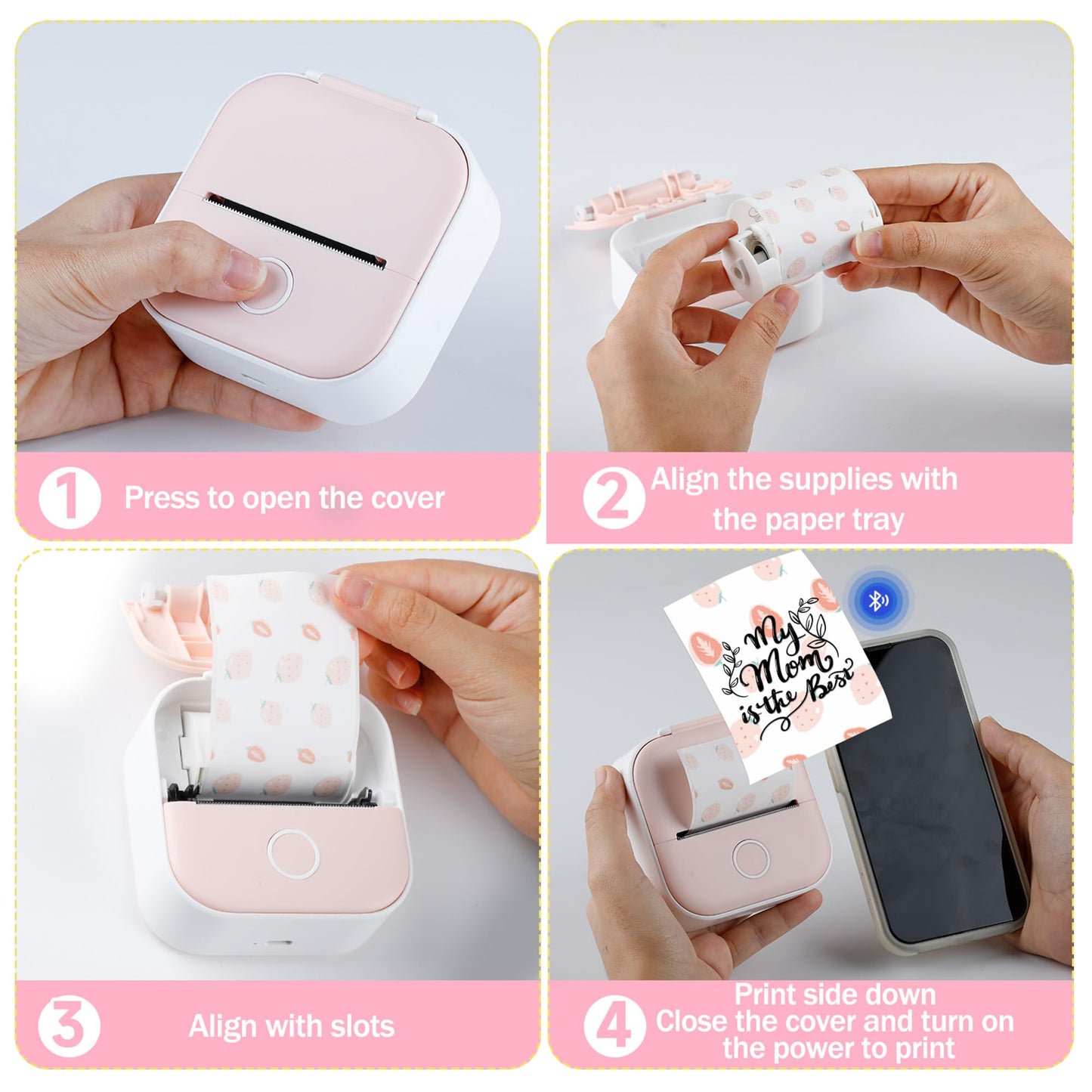 Phomemo Self-Adhesive Thermal Sticker Paper, Color Printer Paper Compatible with Phomemo Q02/T02/M832/M02/M02S/M04S Thermal Printer, Black on Milk Strawberry, 50mm x 3.5m, Keep for 20 Years, 3 Rolls 1.96 in x 11.48 ft