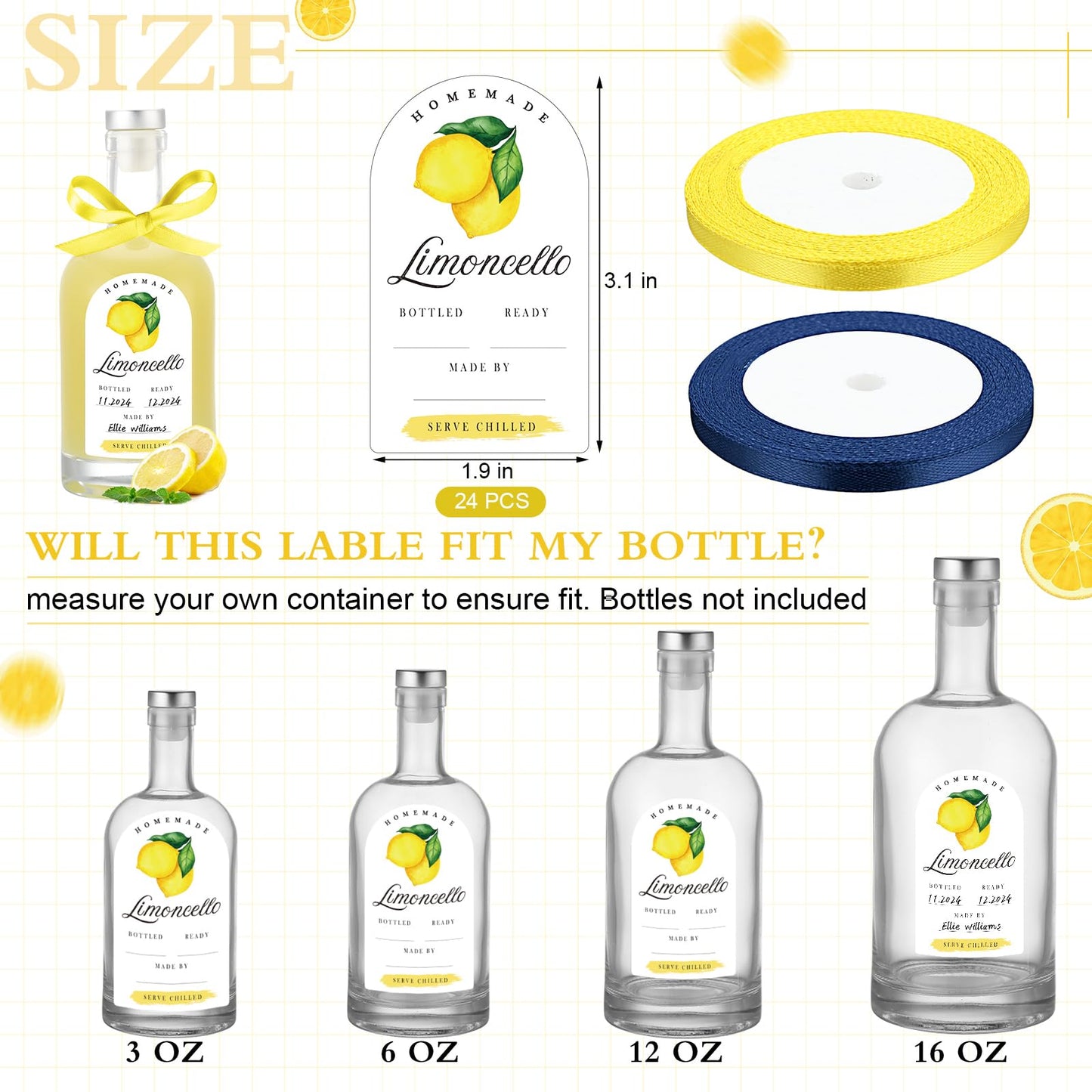 24 Pcs Limoncello Labels Valentine Lemon Bottle Labels 2 x 3 Inches Handmade Limoncello Stickers with Ribbon for 4 oz or 8 oz Bottles for Wedding Bridal Shower Gifts Small Business Supplies