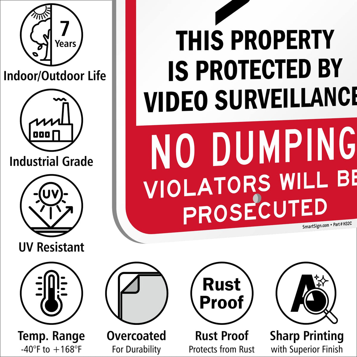 SmartSign 18 x 12 inch “Warning - Property Protected By Video Surveillance, No Dumping” Metal Sign, 120 mil Aluminum Composite (ACM), Engineer Grade Reflective Material, Red, Black and White, USA-Made