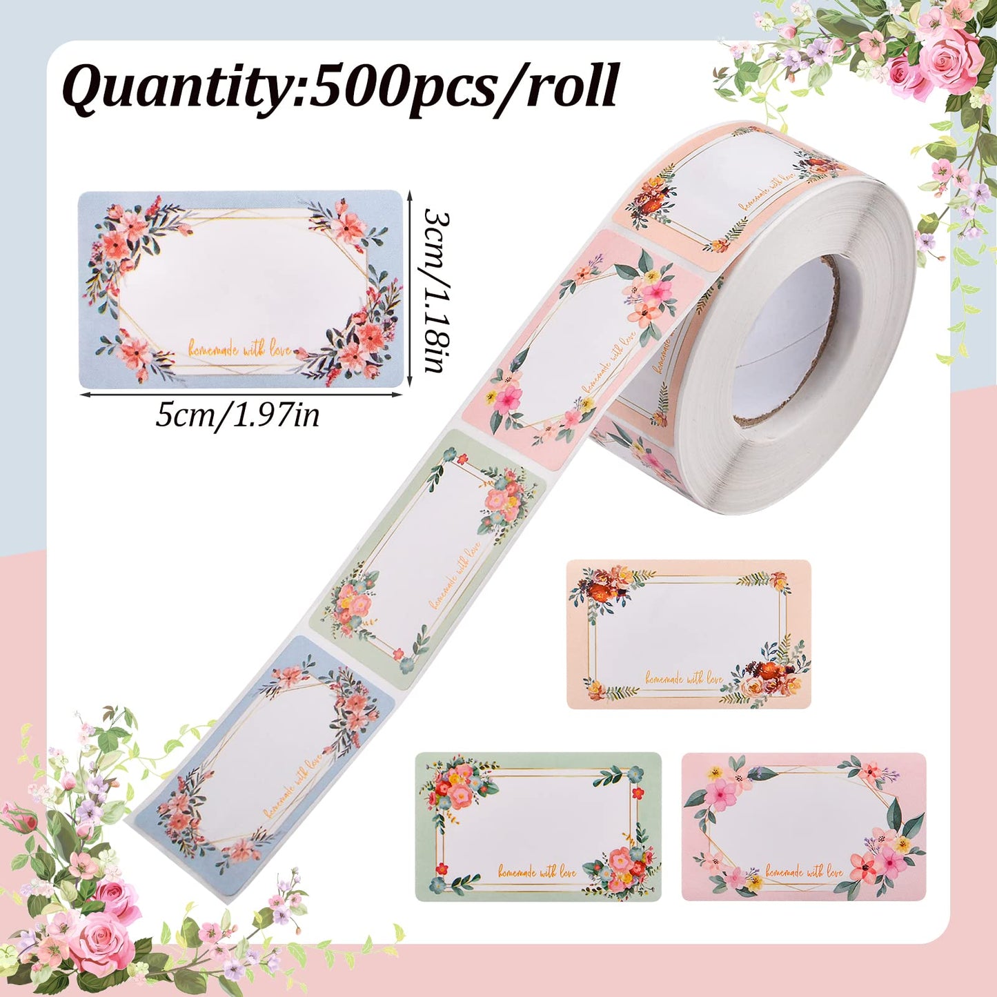 500 Pcs Blank Flower Label Stickers, Oil Resistant Label Decals Stickers Floral Frame Label Stickers for Jars Lids Pantry Mason Canning Spice Bottle Greeting Cards Envelopes Decoration