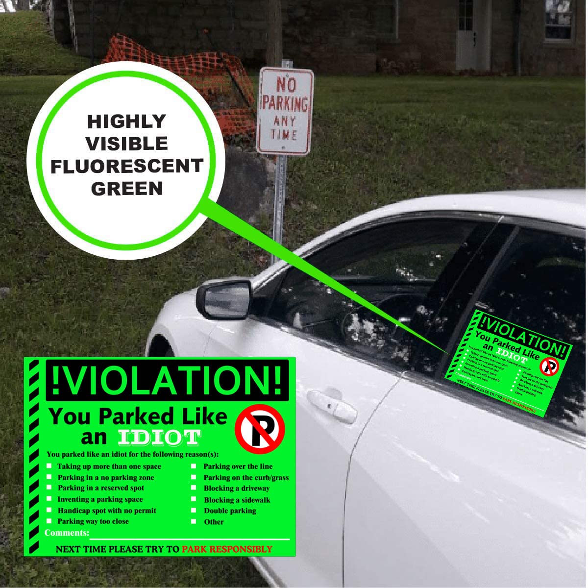 You Parked Like an Idiot Business Sticker 7.5x5.5 inch Multi Reasons Violation Bad Parking Notes Funny Labels for Hilarious Prank,Gag Gift,Stocking Stuffer 50 pcs (Green) Green