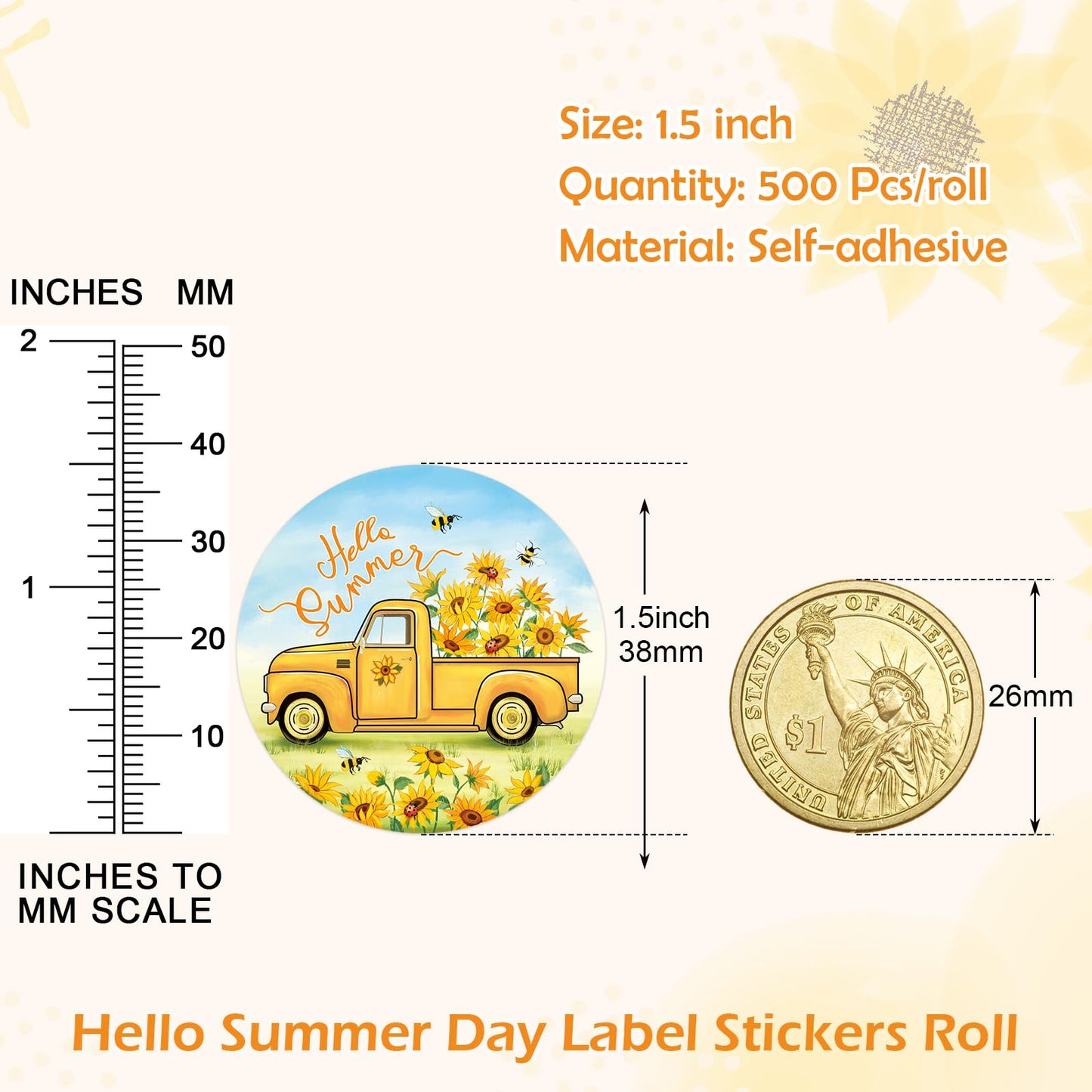 500PCS Hello Summer Label Sticker Roll, 1.5 Inch Round Sunflowers Stickers for Kids, Happy Summer Holiday Stickers Greeting Cards, Gift Boxes Decorations, Party Favors, Sealed Envelopes Trucks and Sunflowers
