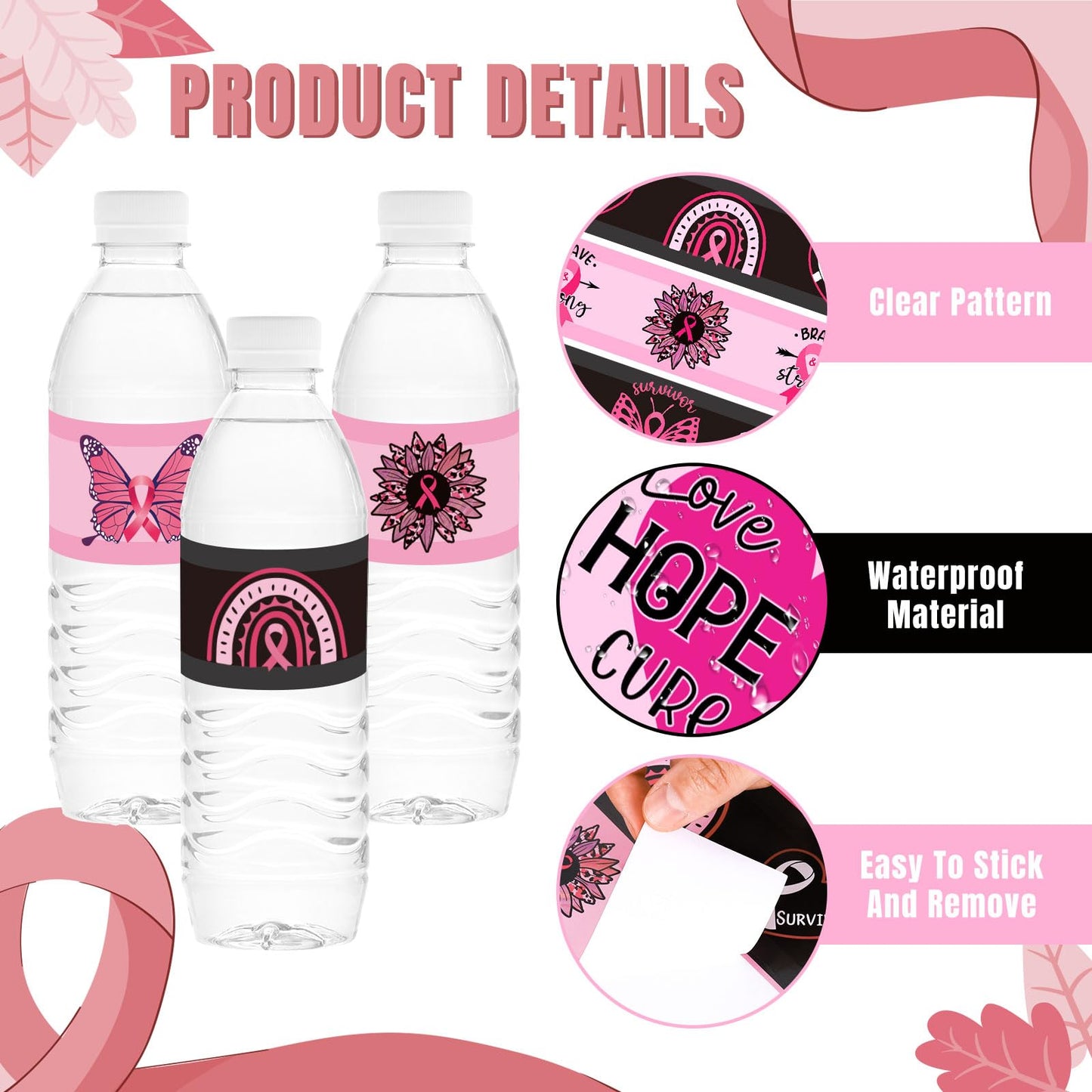 100Pcs Breast Cancer Awareness Water Bottle Labels Pink Ribbon Butterfly 5 Designs Waterproof Bottle Sticker Decals for Breast Cancer Party Decoration, 20 Sheets