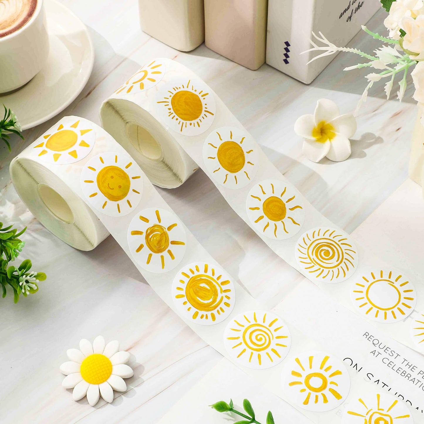 1000Pcs Boho Sun Stickers 16 Designs Sunshine Decal Adhesive Sealing Labels for Birthday Baby Shower Grocery Baking Bag Party Favor Supplies, 2 Roll