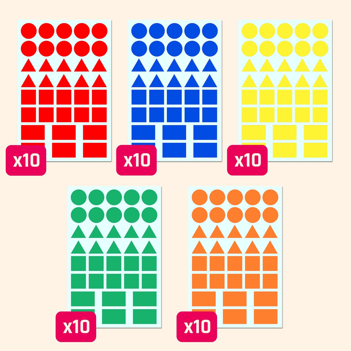 1800 Pack - Colored Shape Stickers Labels, 3/4" - 4 Shapes, 5 Colors