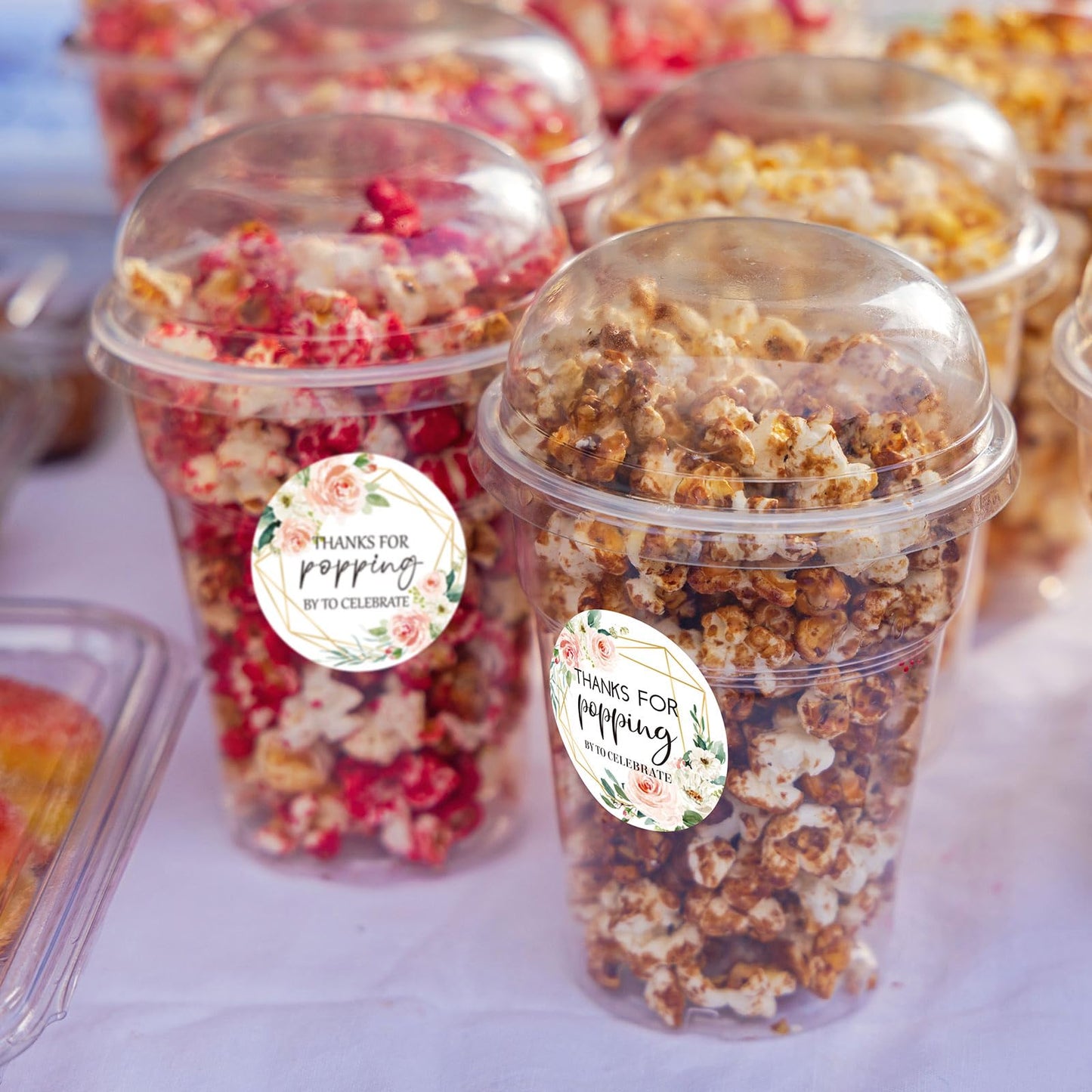 AnyDesign 120Pcs Popcorn Stickers Labels Thanks for Popping by to Celebrate Popcorn Favor Decals Pink Floral Style Self-Adhesive Paper Stickers for Greenery Baby Shower Wedding Bridal Shower, 1.6 Inch