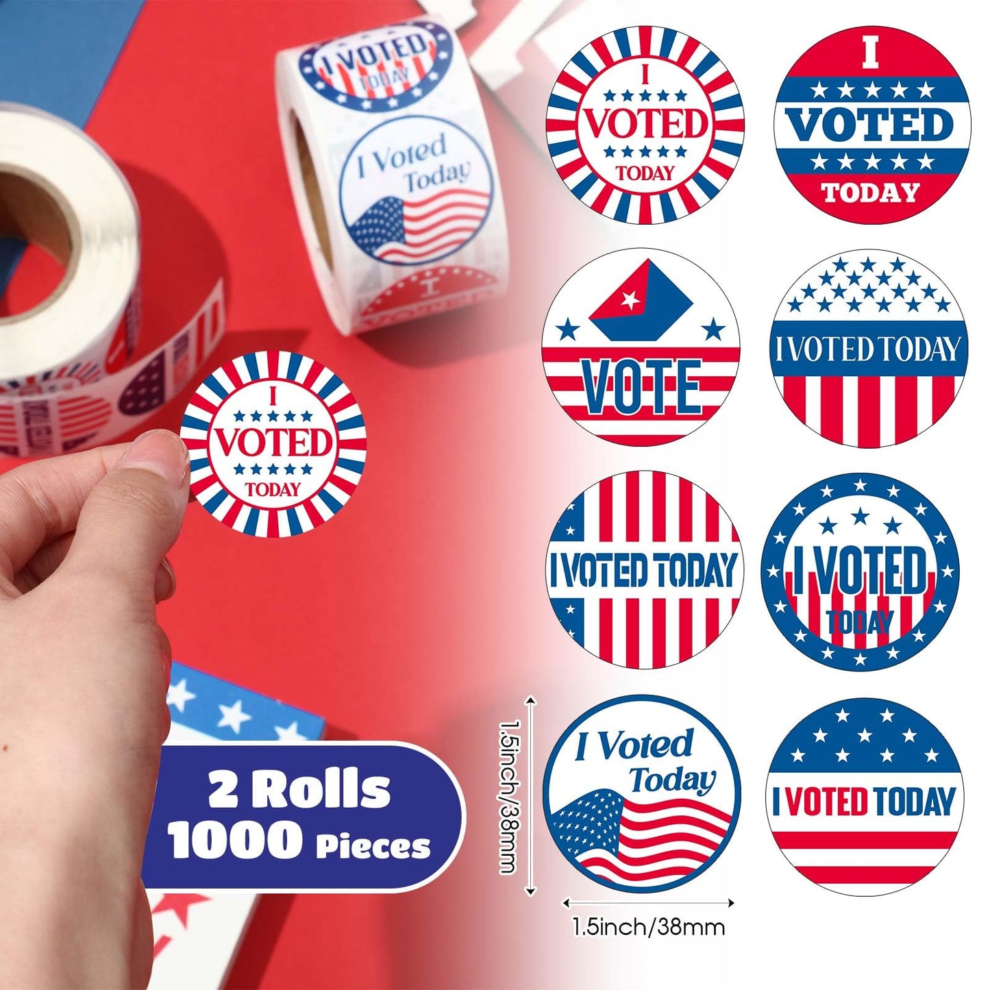 1000 Pcs I Voted Today Stickers Round Self Adhesive Labels, 500 Patriotic Stickers on a Roll, Red, White, Blue, 8 Designs for 2025 Election Day Campaigns Voting Supplies (1.5 Inch) 1.5 Inch 1000