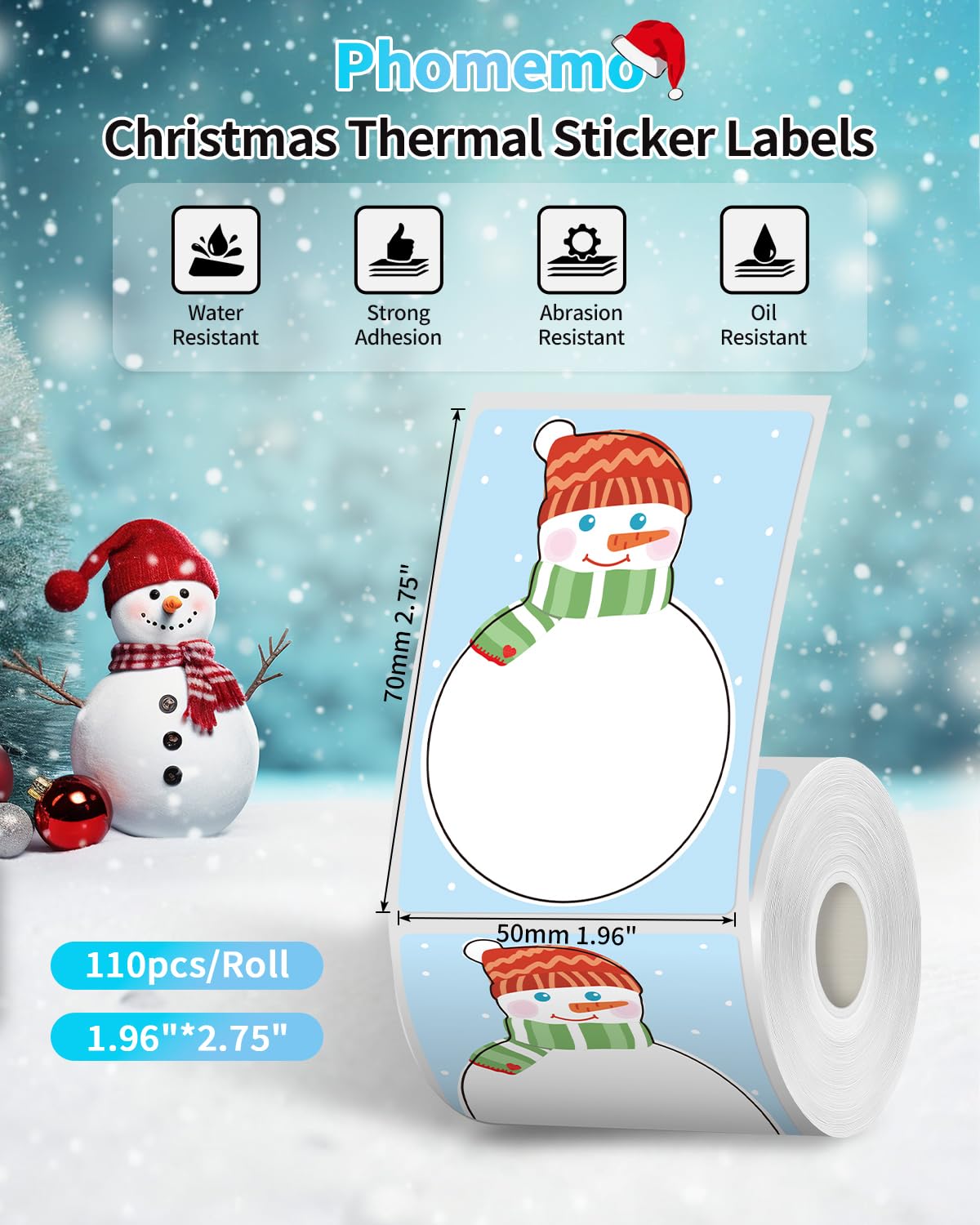 Phomemo Paper with Festival Santa Claus, Festival Tree, Cute Snowman, 1.96"*2.75"(50x70mm), Self Adhesive Festival Thermal Sticker Labels for Phomemo M110/M220/M221/M120/M200 Label Printer,3Roll