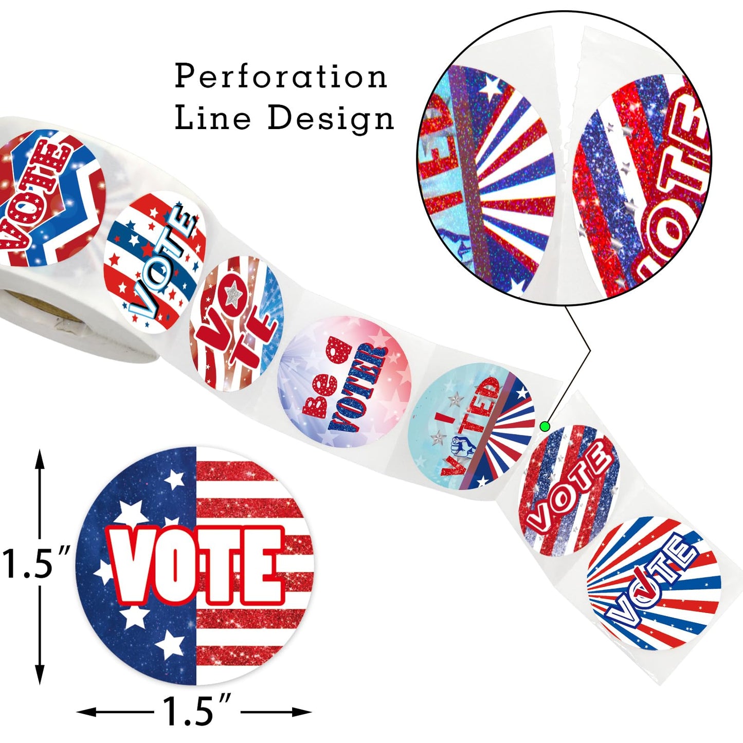 500 Pcs Vote Stickers Roll Glitter White Red Blue Self Adhesive Labels Patriotic for Election Votes Campaigns Voting Supplies