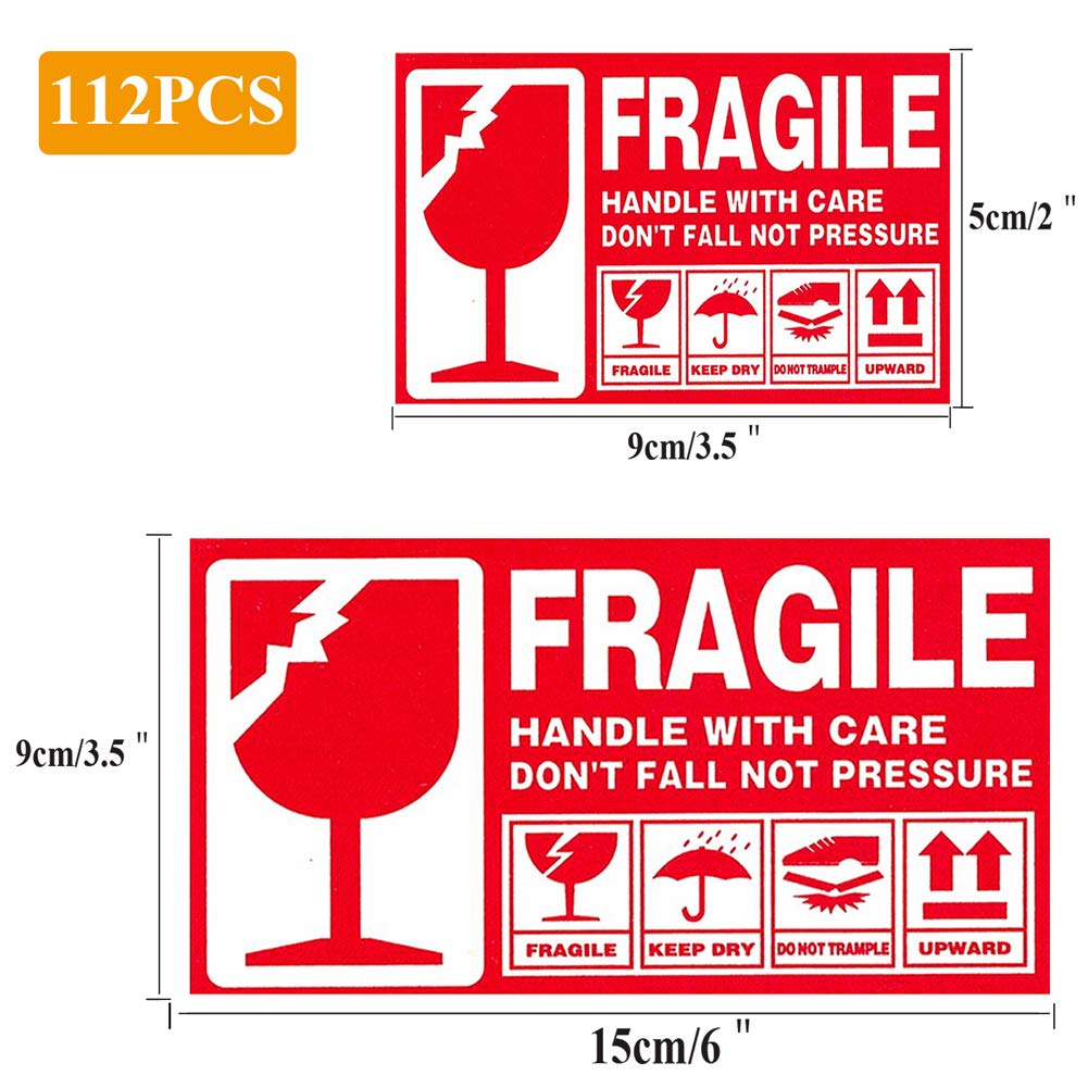DFYOUHOME® 112 PCS Fragile Handle Warning Adhesive Label with Care Keep Dry Upward Do Not Trample for Packing Box Shipping Notice Red Stickers Large (6"x 3-1/2") and Small (3"x 2") Size